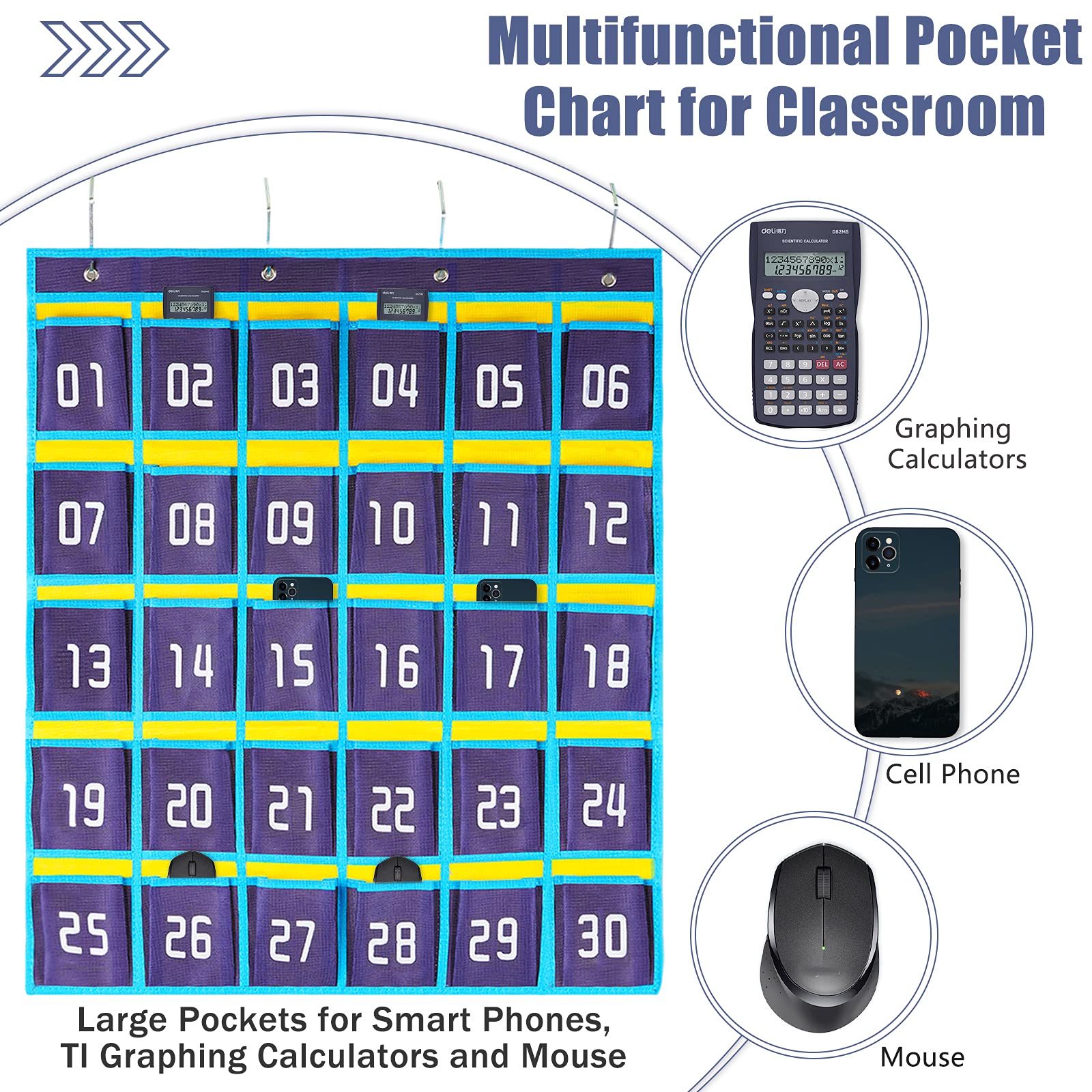 Loghot Numbered Classroom Sundries Closet Pocket Chart For Cell Phones Holder Wall Door Hanging Organizer (30 Pockets Blue)
