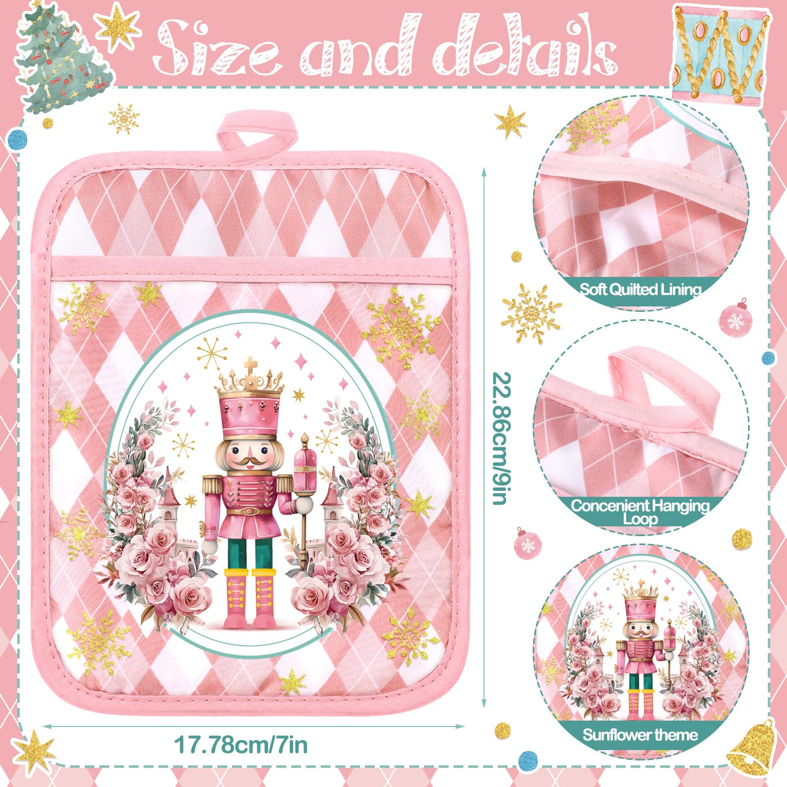 Jingmore 12 Pcs Christmas Pot Holders with Pocket Pink Nutcrackers Pot Holders for Kitchen Xmas Tree Hot Pads and Oven Mitts Pot