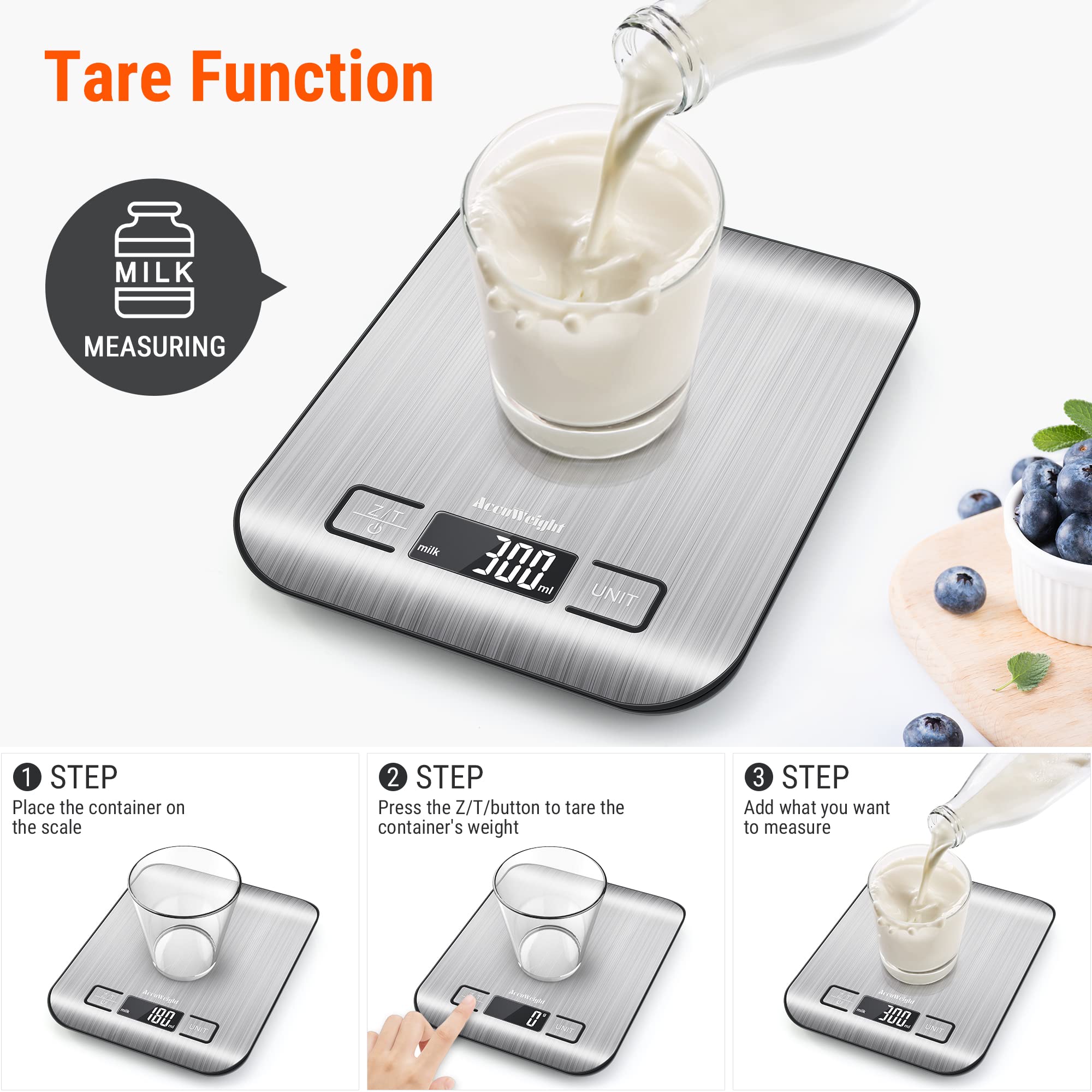AccuWeight 211 Digital Kitchen Food Scale - 5000g Capacity, 1g Precision, Stainless Steel, Tare Function, LCD Display, 8.11"x6.42"x1