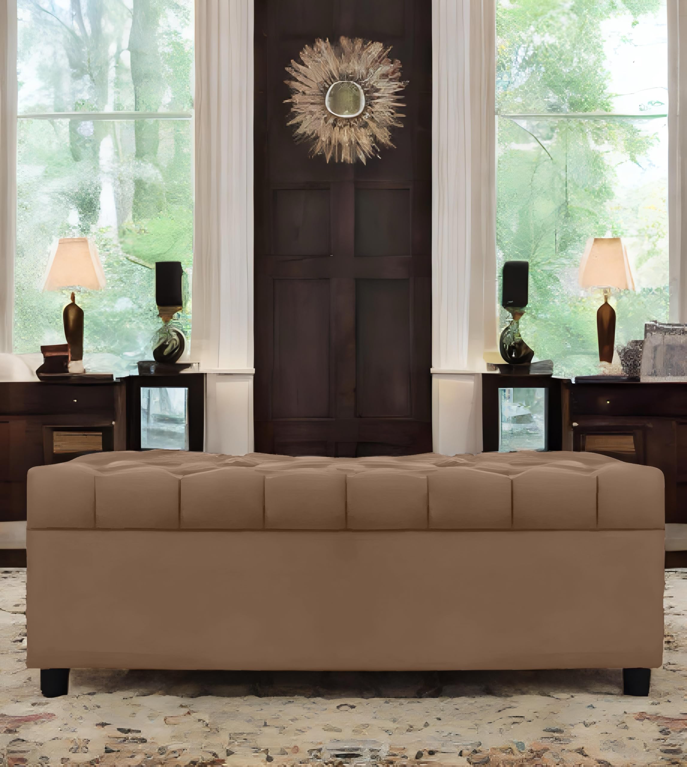 Amata Eagle Solid Wood 2 Seater Ottoman/Pouffe Camel Suede Velevt Fabric Perfect For Home Living Office Room And Guests (Camel 3