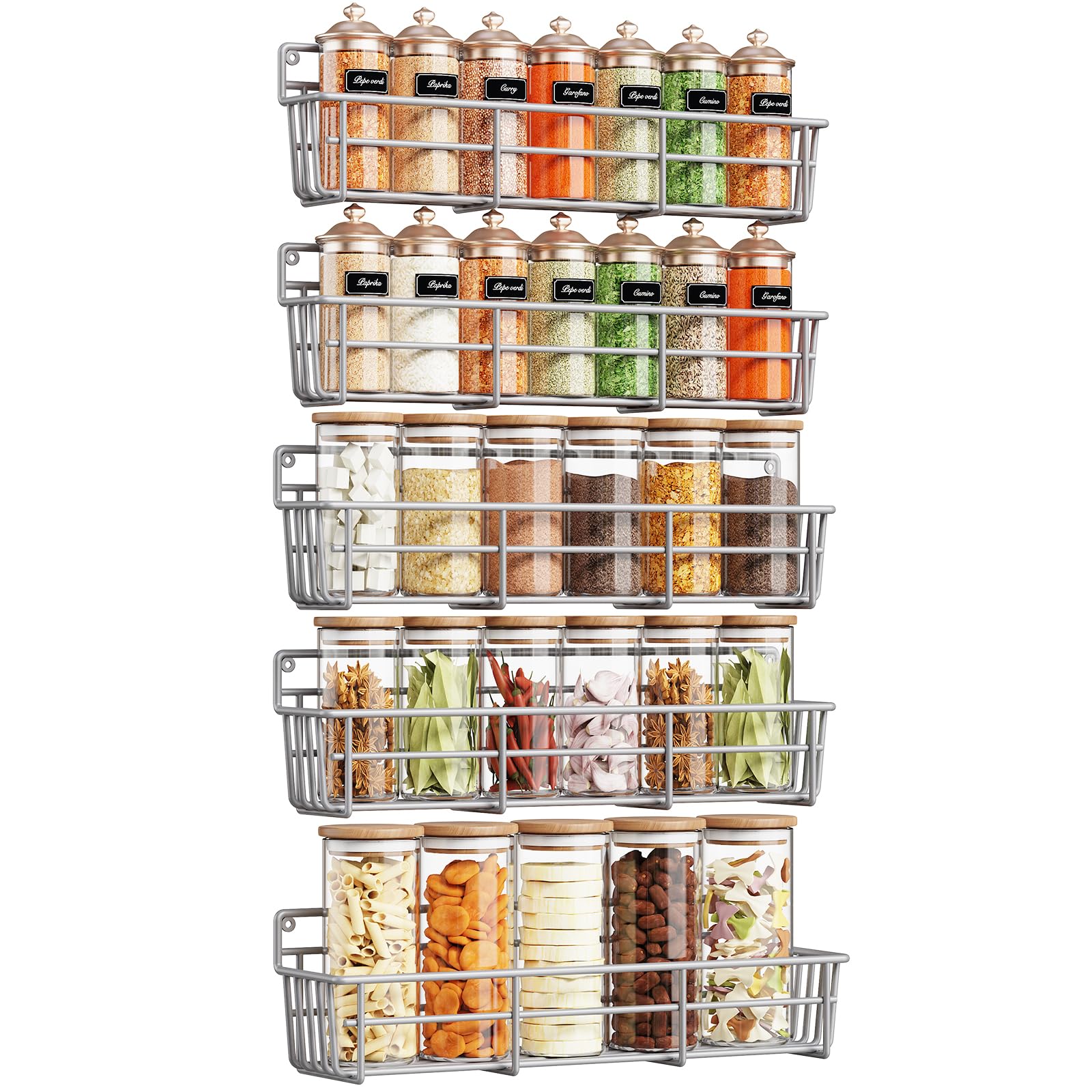 Mystozer 5 Pack Spice Rack Seasoning Organizer Wall Mount, Hanging Shelf Basket Spice Organizer Shelf for Kitchen with Screws, S