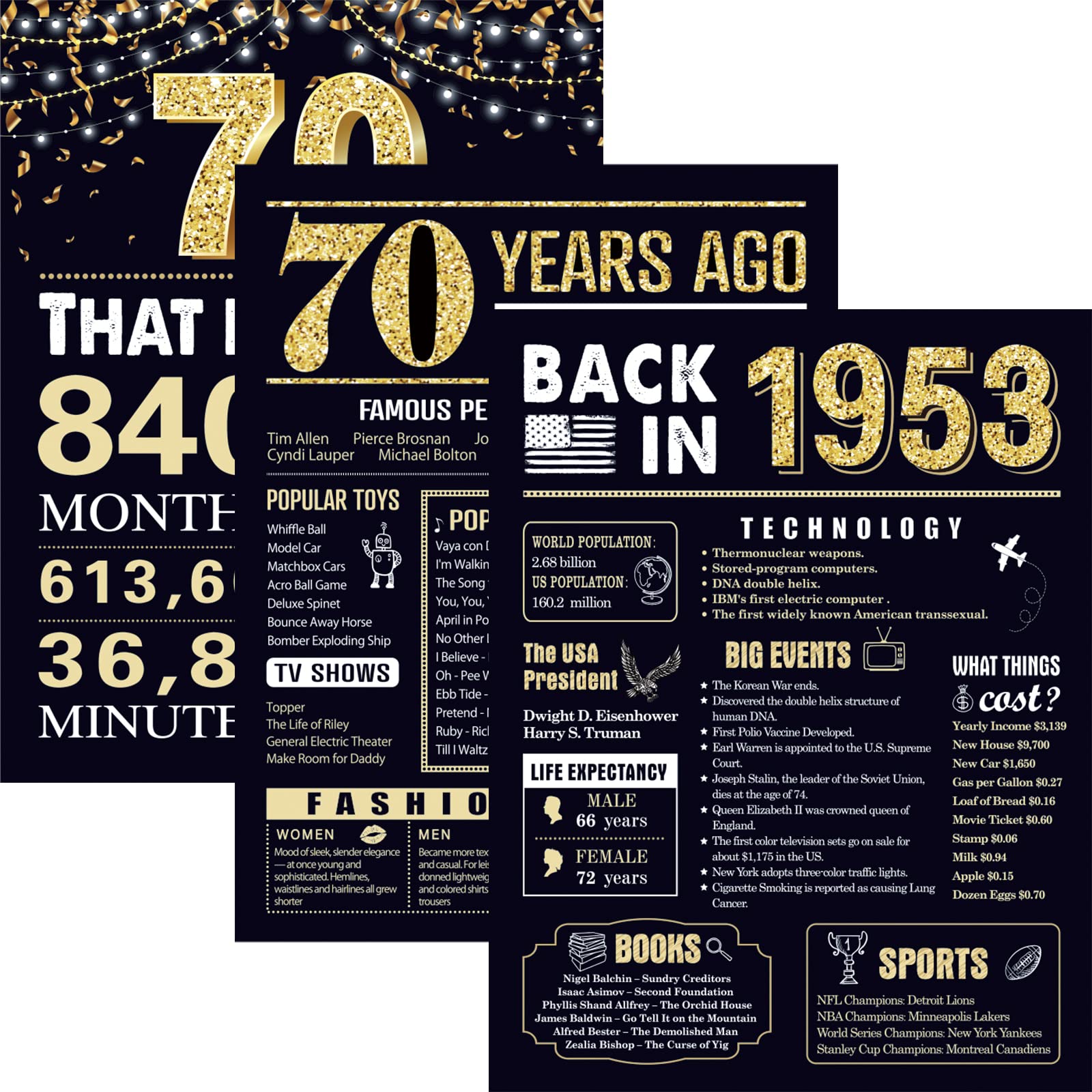 70 Years Ago 70Th Birthday Wedding Anniversary Poster 3 Pieces 11 X 14 50S Party Decorations Supplies Large Sign Home Decor Blac