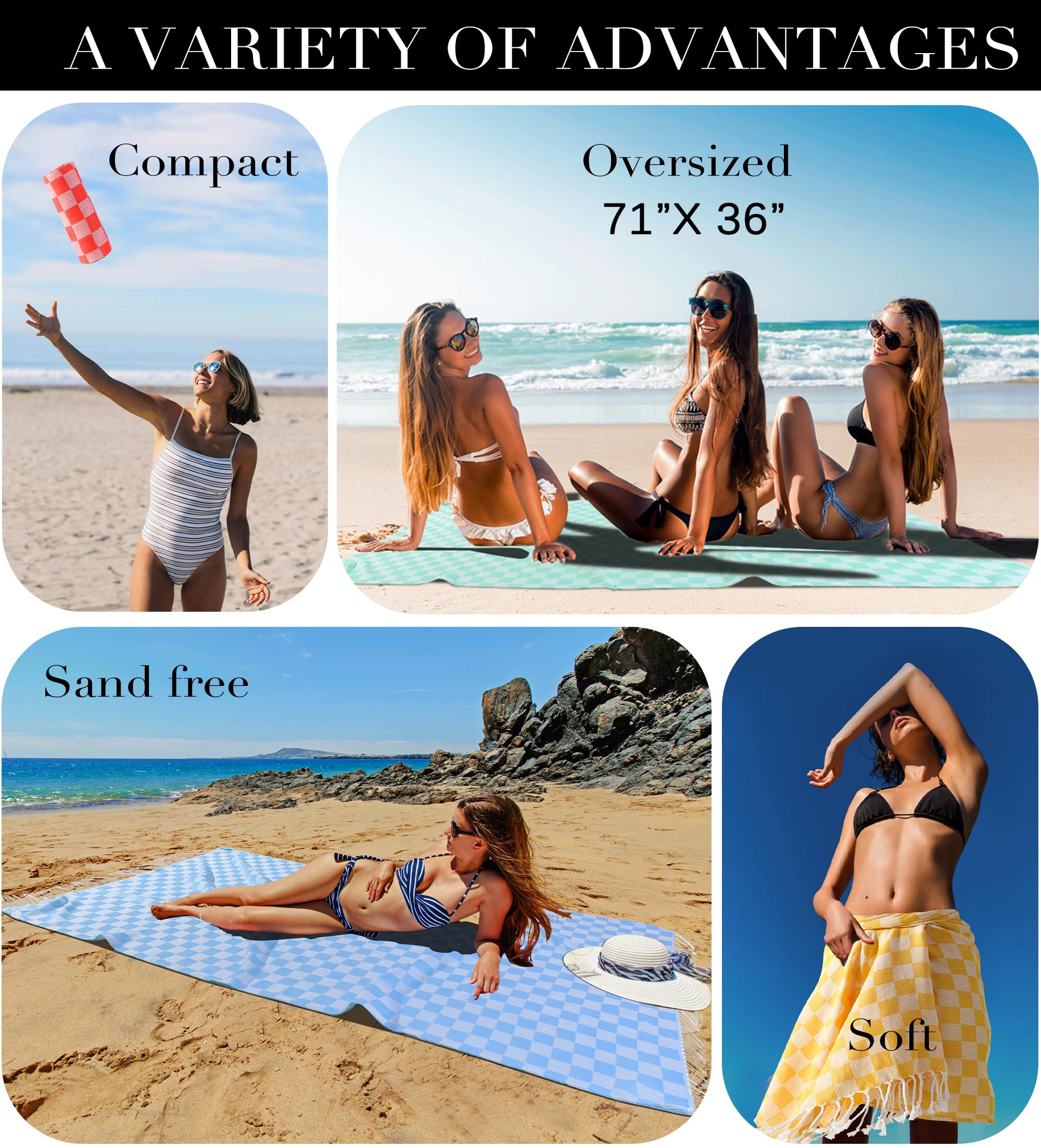 Checkered Plaid Turkish Beach Towel Beach Blanket Sand Free Quick Dry Oversized Thin Cloud Clearance Alaska Cruise Essential Sum