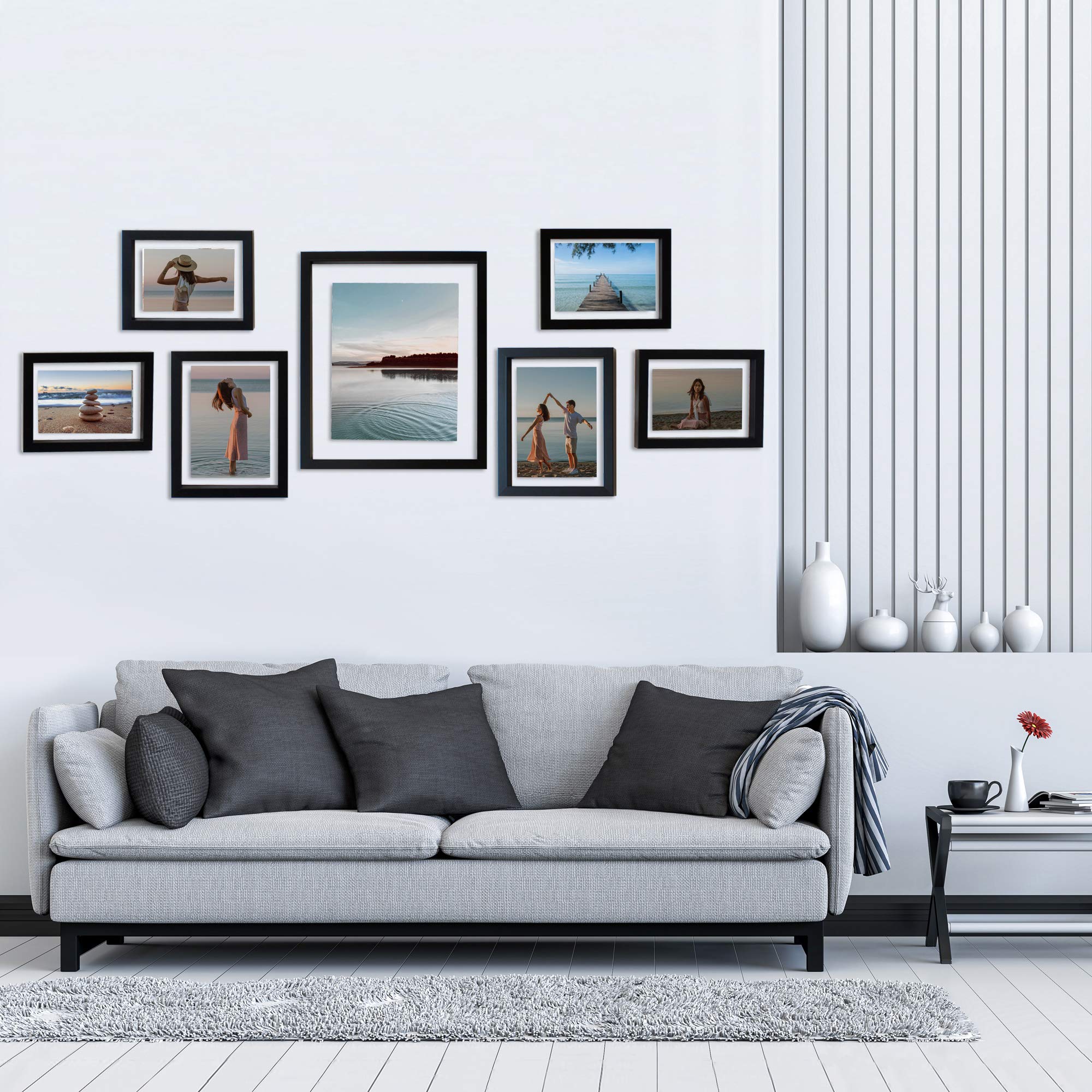 Mimosa Moments Gallery Wall Frame Set For Floating Pictures, Good For One 8X10, Two 5X7 And Four 4X6 Photos (Black, Set Of 7)