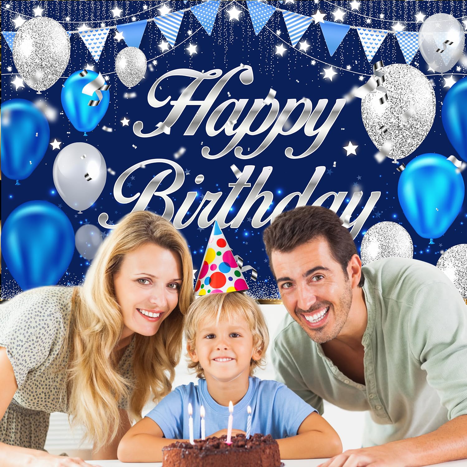 Mdcgfod Happy Birthday Banner - Birthday Decorations For Men Women Boys Girls Blue Sliver Birthday Party Banners Welcome Happy B