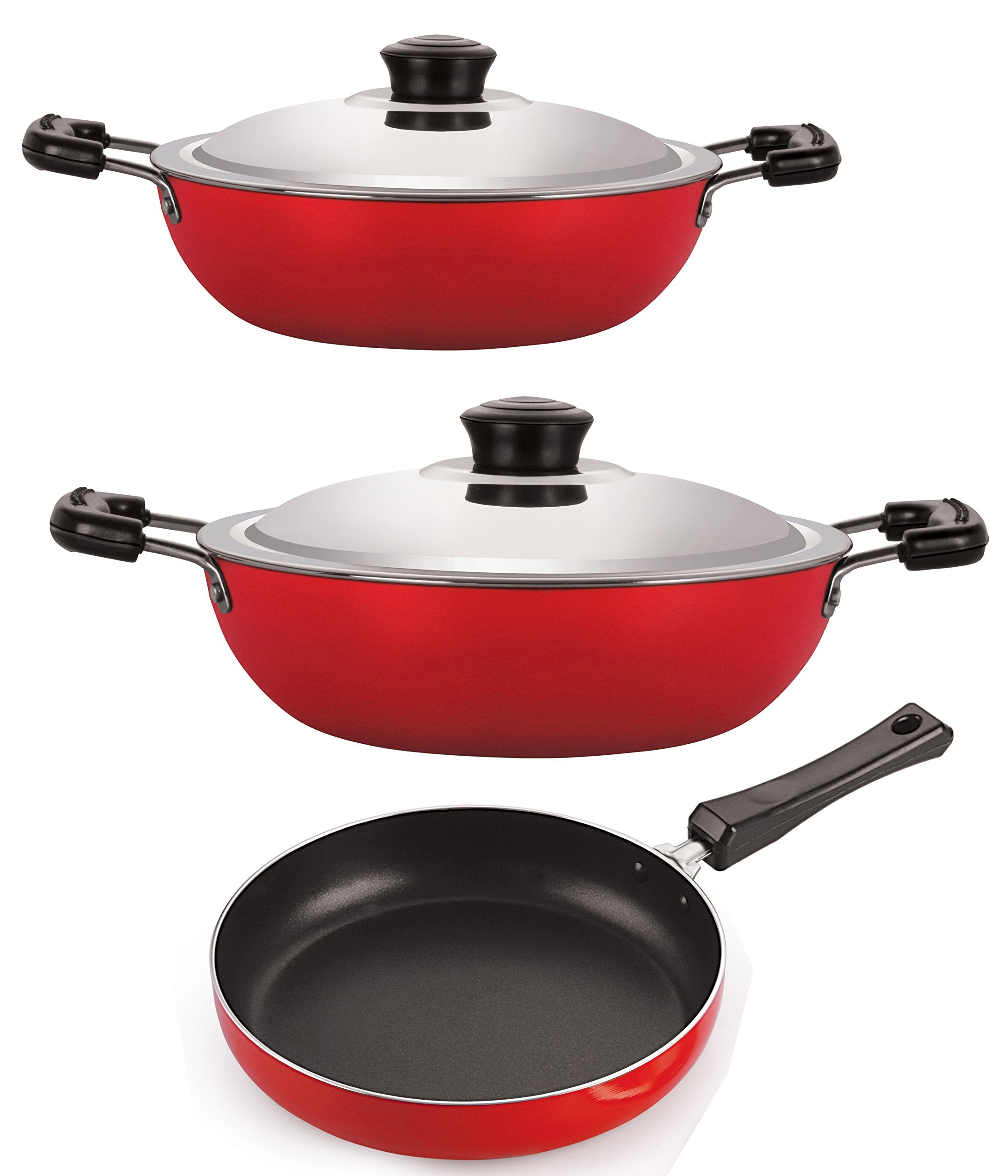 Nirlon Deep Kadhai And Fry Pan NonStick Aluminium Cookware Combo Set, 2.6Mm_Fp11_Dkd(M)_Dkd(B)