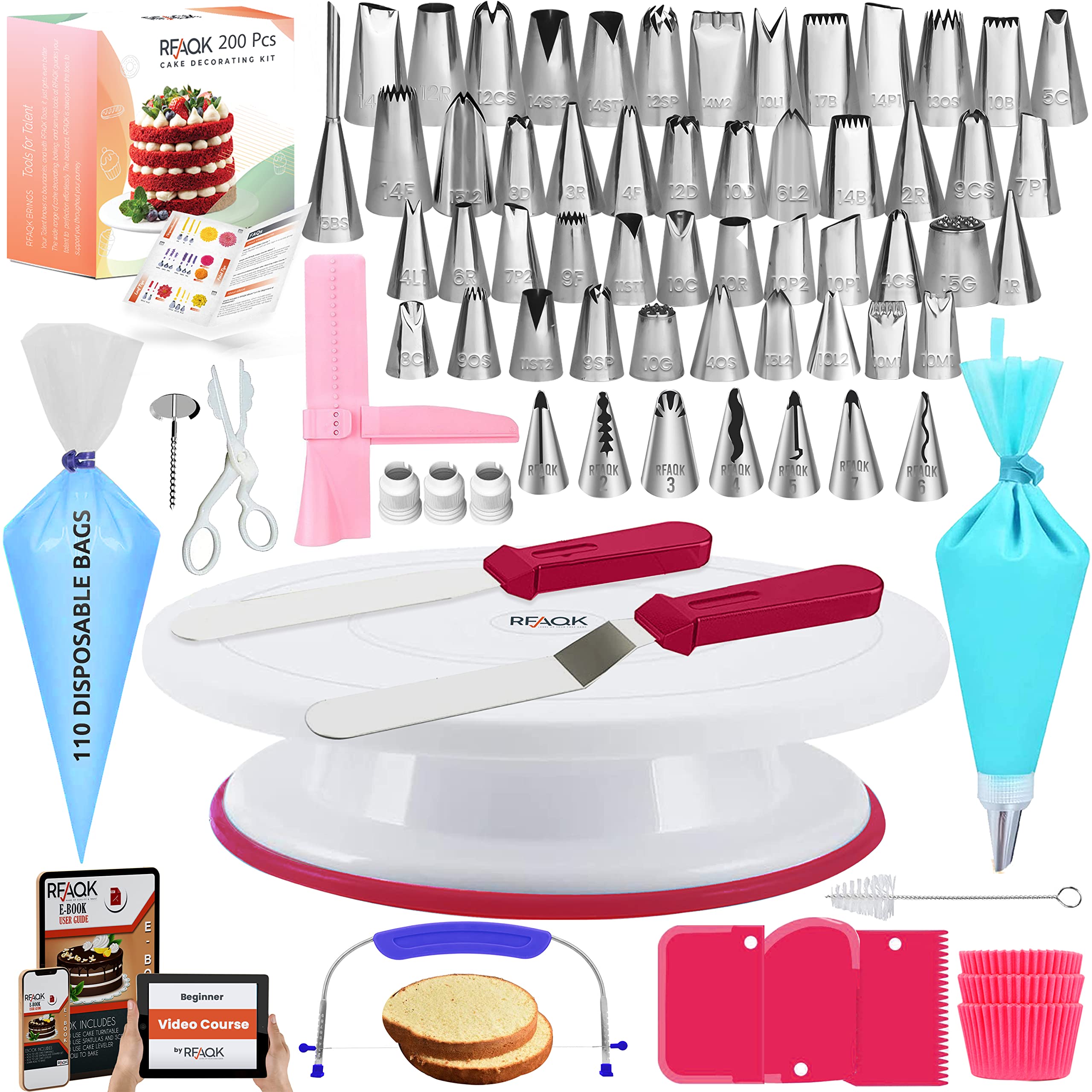Rfaqk 200Pcs Cake Decorating Kit For Beginners With Turntable For Decoration - Piping Bags And Tips Set (110+55), Straight & Off