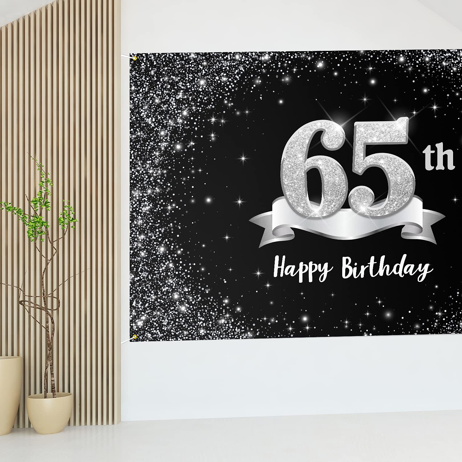 HAMIGAR 6x4ft Happy 65th Birthday Banner Backdrop - 65 Years Old Birthday Decorations Party Supplies for Women Men - Black Silver