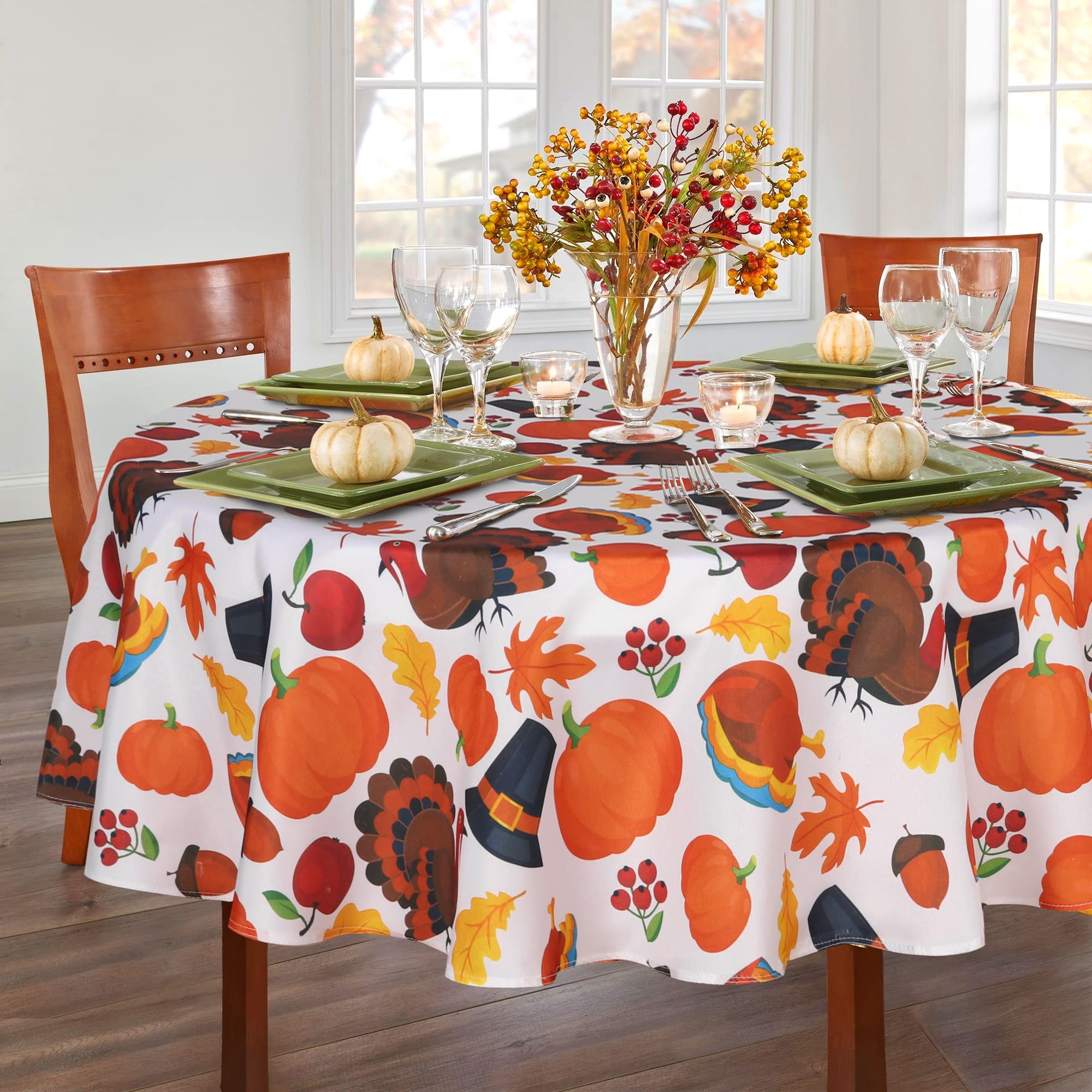 LUSHVIDA Fall Tablecloth Round Tablecloth Pumpkin & Turkey 60 inch - Washable Wrinkle Resistant Thanksgiving Table Cover for Har