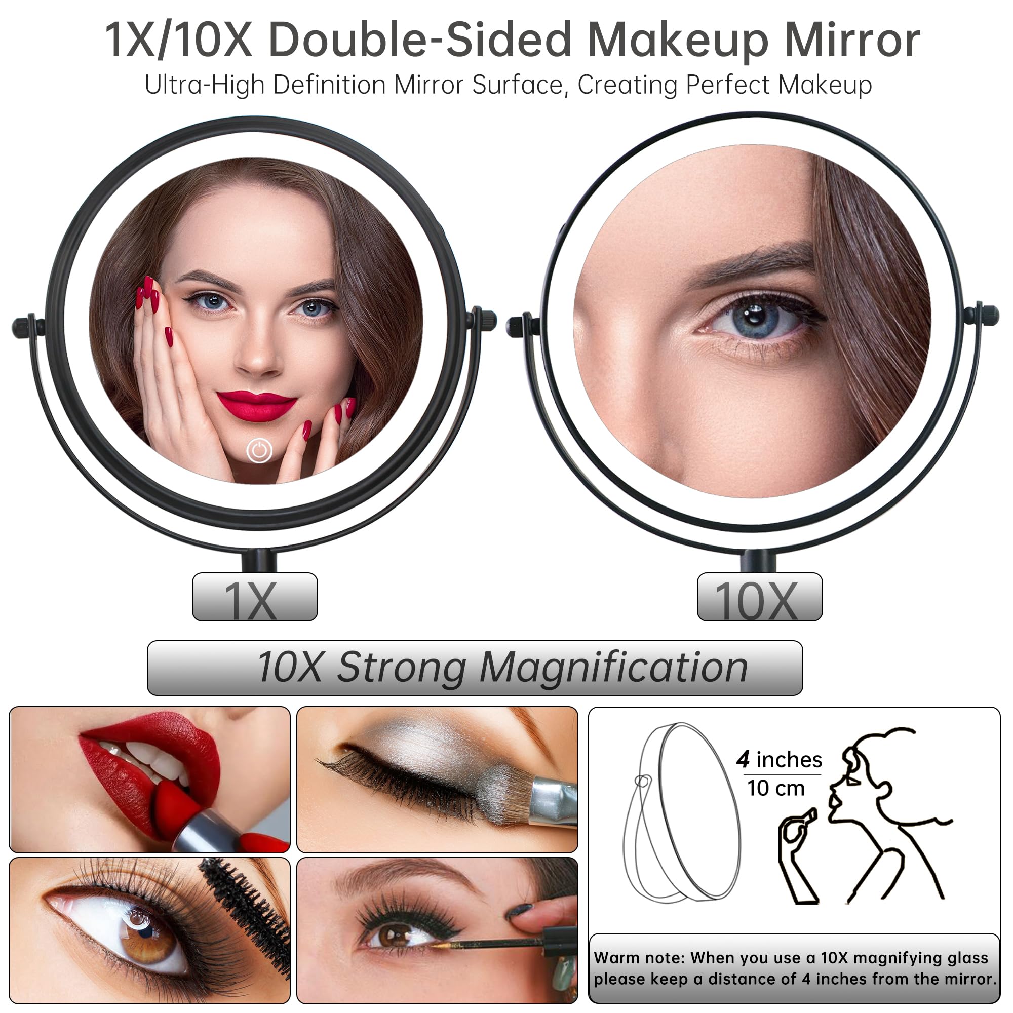 Janeeva 8'' Wall Mounted Lighted Makeup Mirror,Rechargeable Double Sided 1X/10X Magnifying Mirror With 3 Color Lights,Touch Dimm