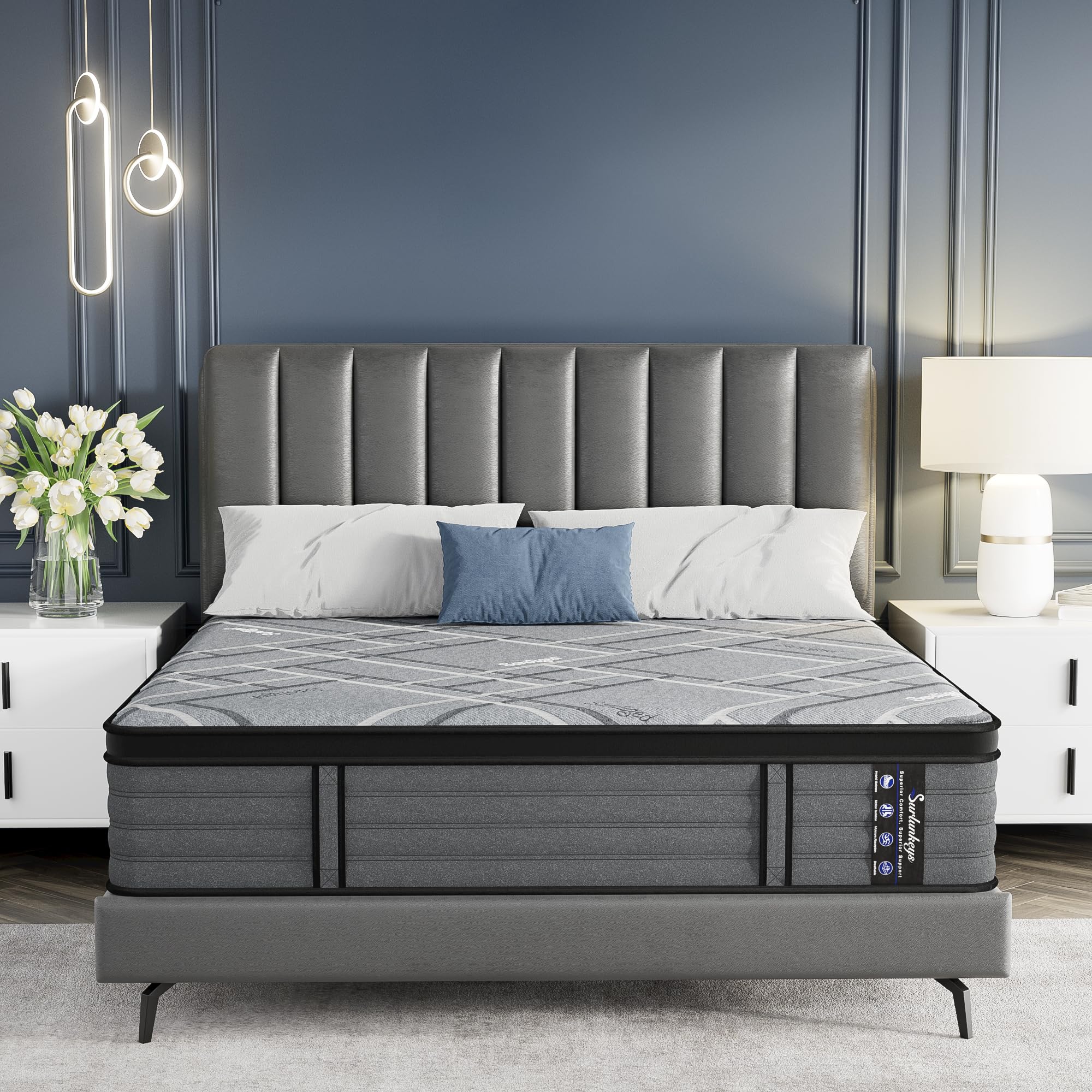 Surlunkeys Full Size Mattress Hybrid 14 Inch Gel Foam With Enhanced Edge Support Pocket Coils Medium Soft, Grey