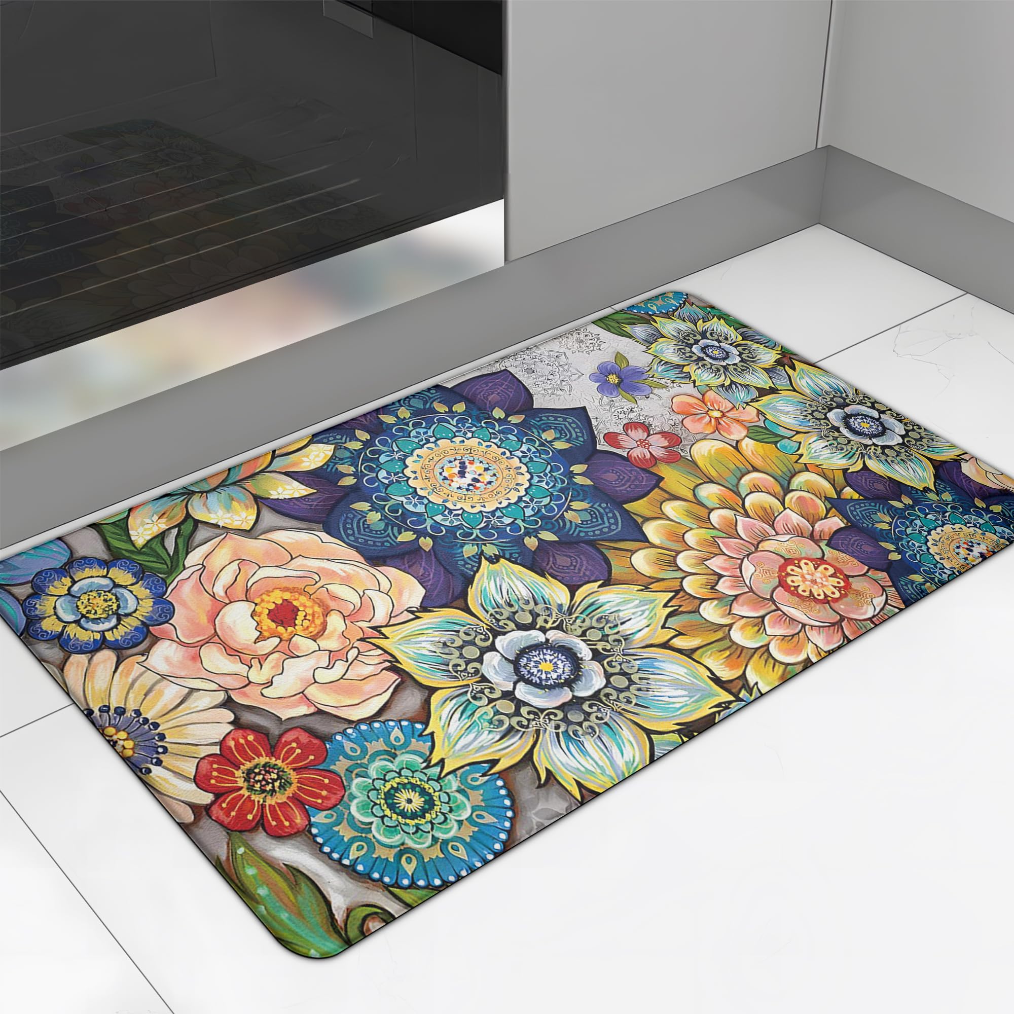 Tubeamin Floral Kitchen Rug Mat for Floor Boho Cushioned Anti-Fatigue Mat Non-Slip Standing Desk Waterproof Comfort Floor Mat fo
