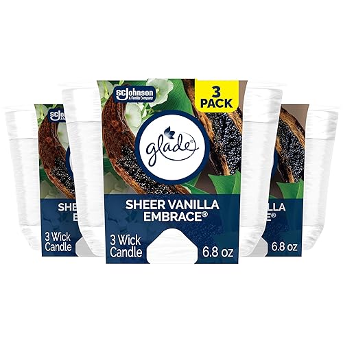 Glade Candle Sheer Vanilla Embrace, Fragrance Candle Infused with Essential Oils, Air Freshener Candle, 3-Wick Candle, 6.8 Oz, 3