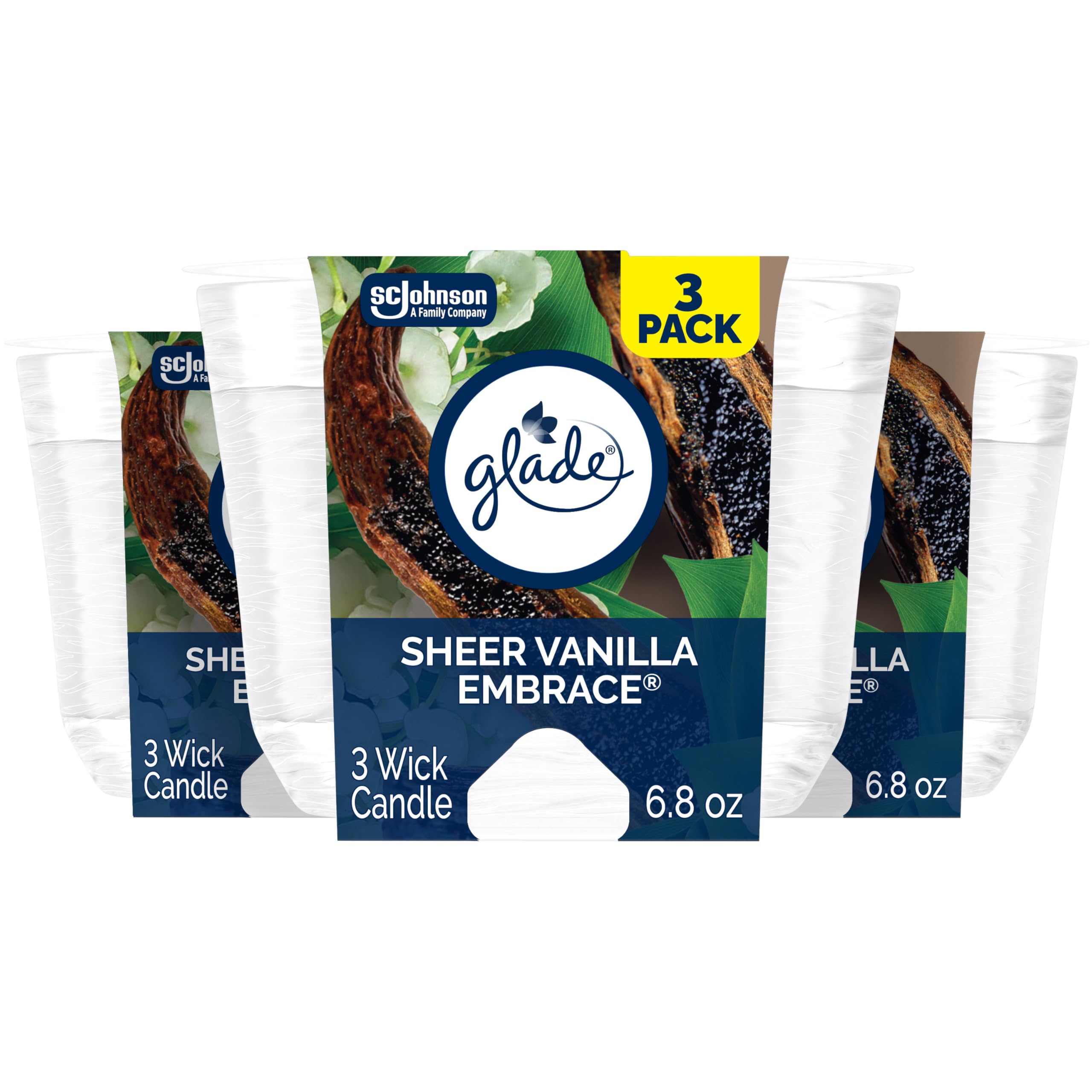 Glade Candle Sheer Vanilla Embrace, Fragrance Candle Infused with Essential Oils, Air Freshener Candle, 3-Wick Candle, 6.8 Oz, 3