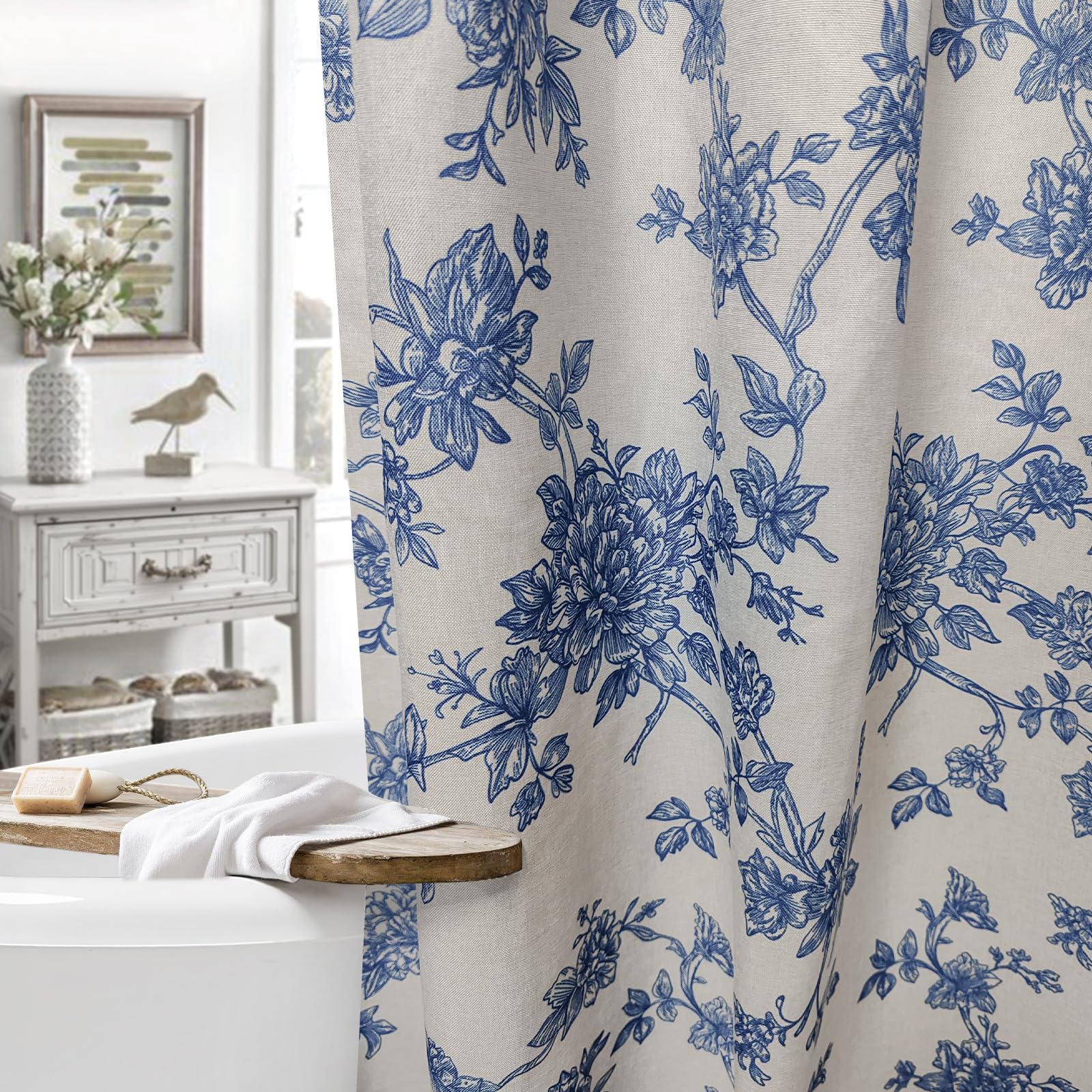 Muginyu Black Vintage Floral Linen Shower Curtain - Bird & Leaf Print Pattern Farmhouse Rustic Toile Shower Curtains For Bathroo