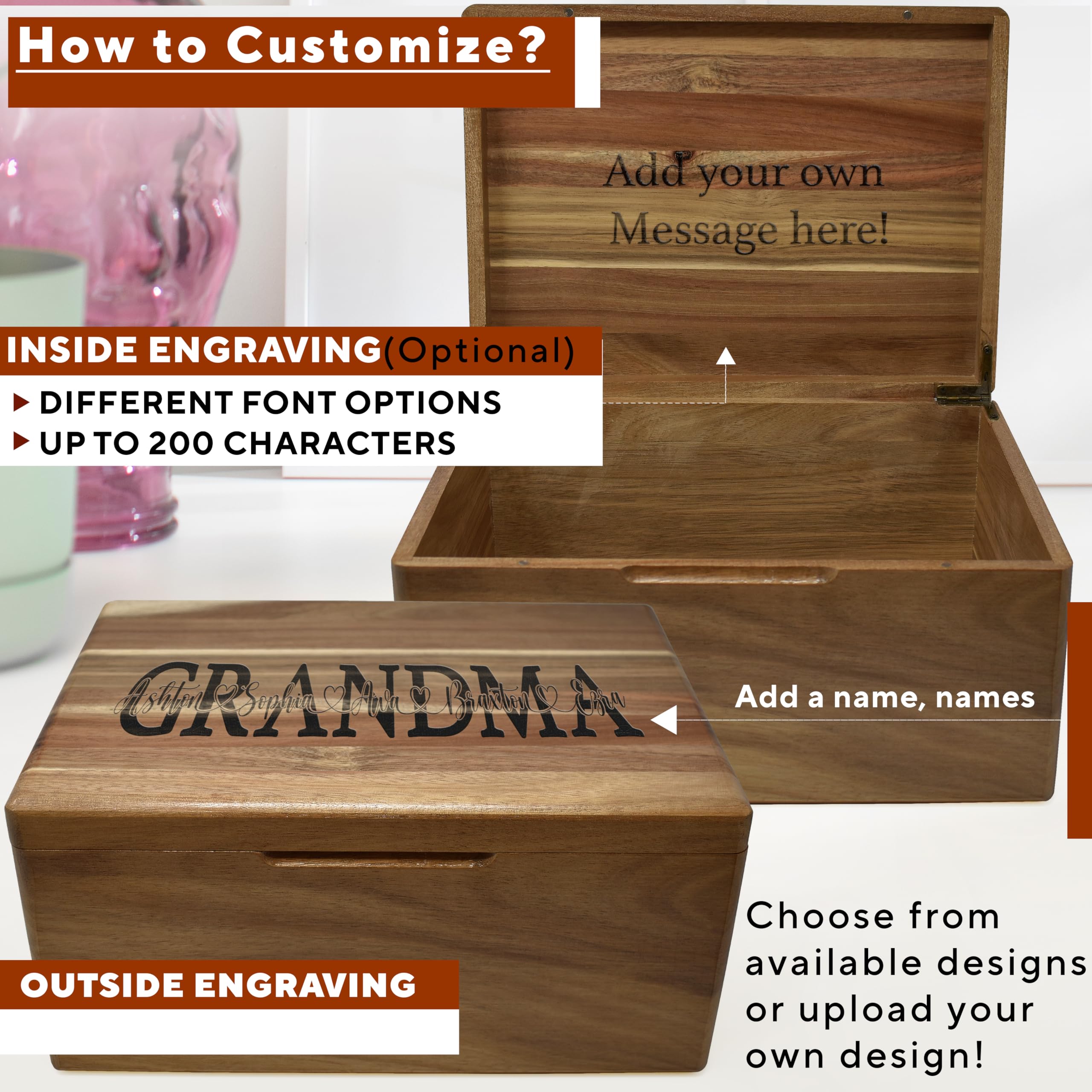 Gifts for Mom Birthday Unique - Wooden Keepsake Box with Names, Personalized Mothers Day Gifts from Son Acacia Wood Storage for