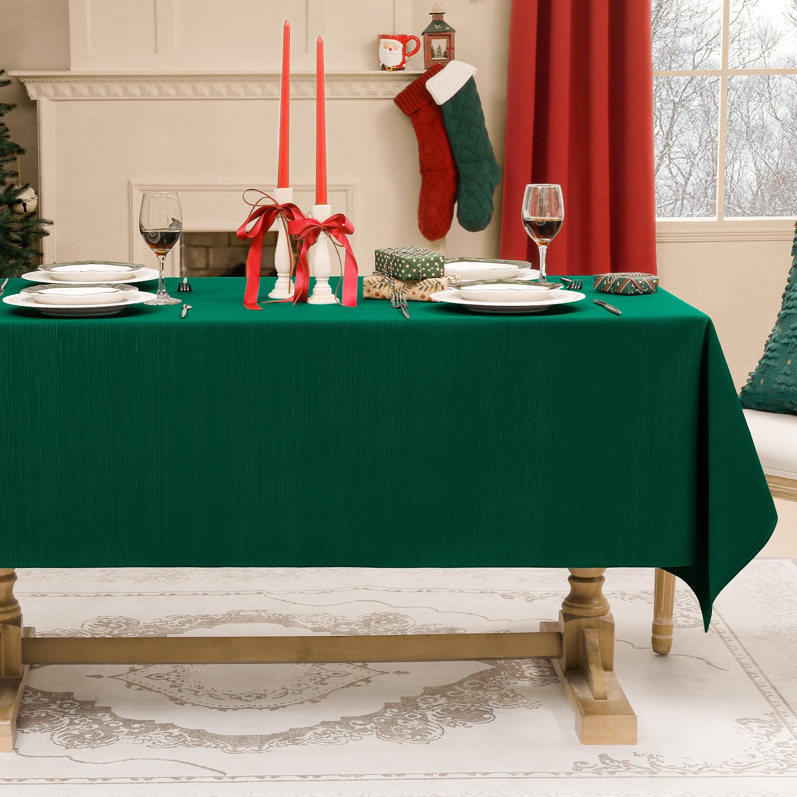 Softalker Christmas Jacquard Rectangle Tablecloth - Geometric Line Damask Table Covers Waterproof Stain Resistant Washable Polyester Table Cloths for Dining  Holiday & Parties (60 x 104 inch Green)