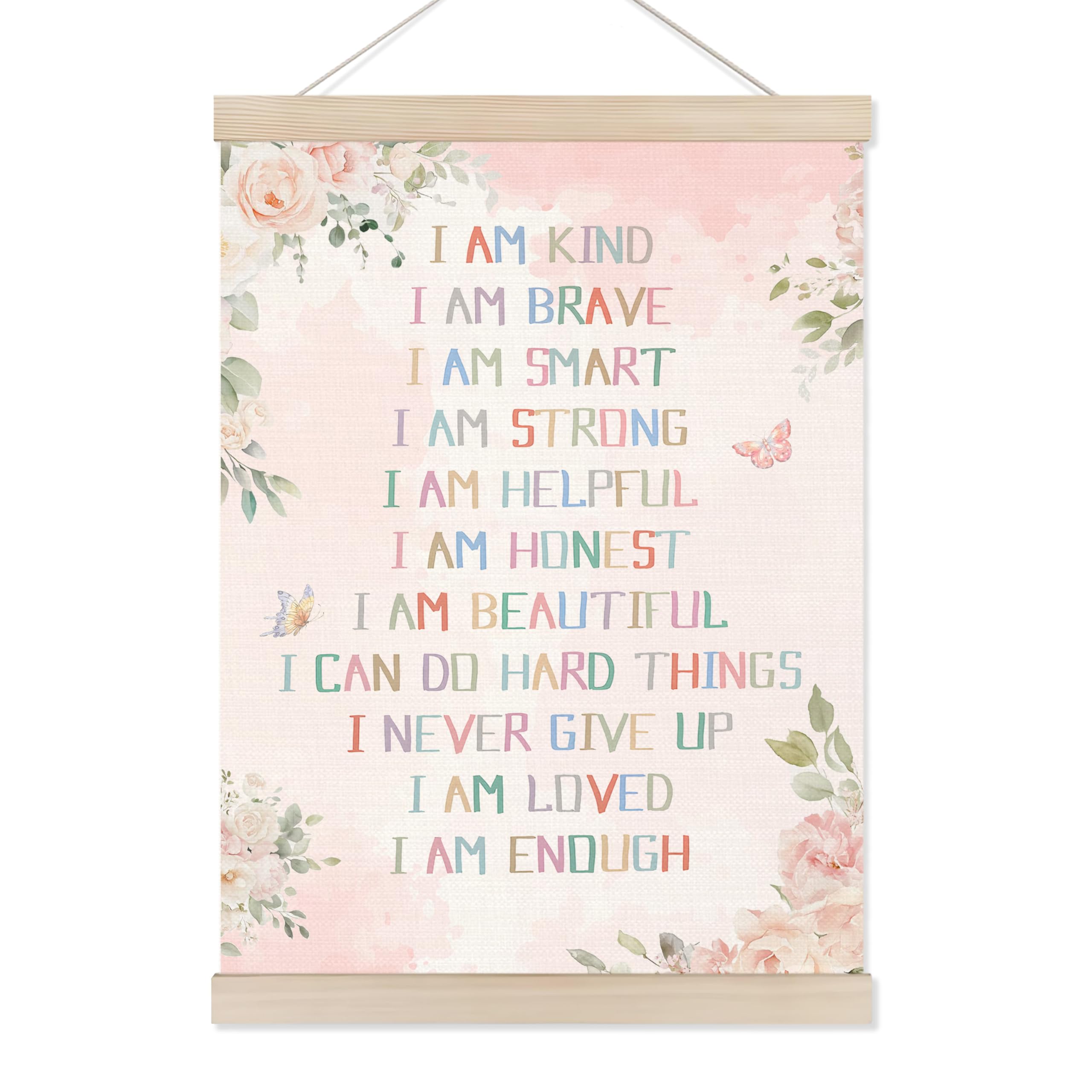 Koesus Inspirational Girls Nursery Wall Art Poster Hanger Frame 12X16 Inch, Boho Pink Floral Positive Affirmation Canvas Picture