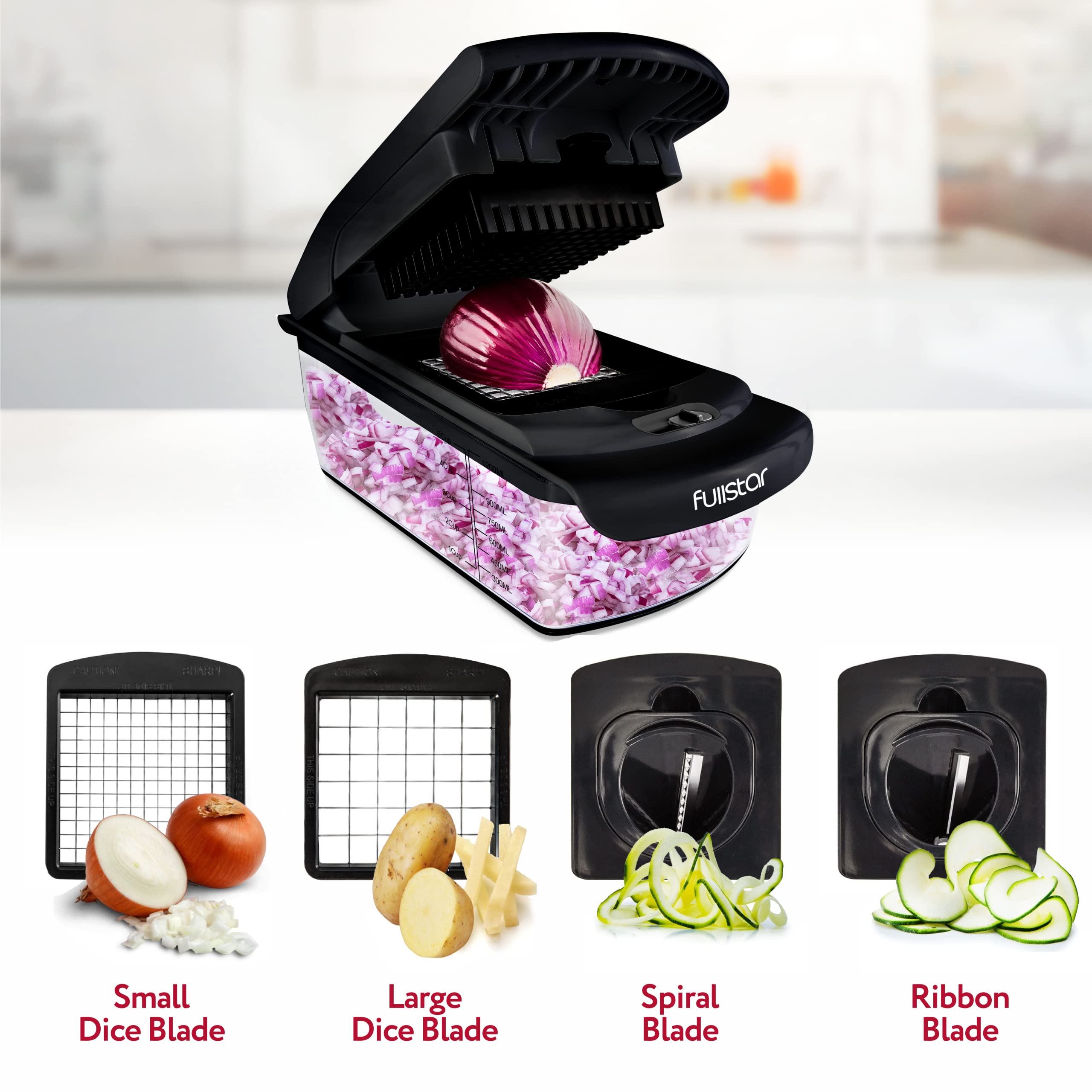 Fullstar Vegetable Chopper - Spiralizer Vegetable Slicer - Onion Chopper with Container - Pro Food Chopper - Black Slicer Dicer Cutter - 4 Blades