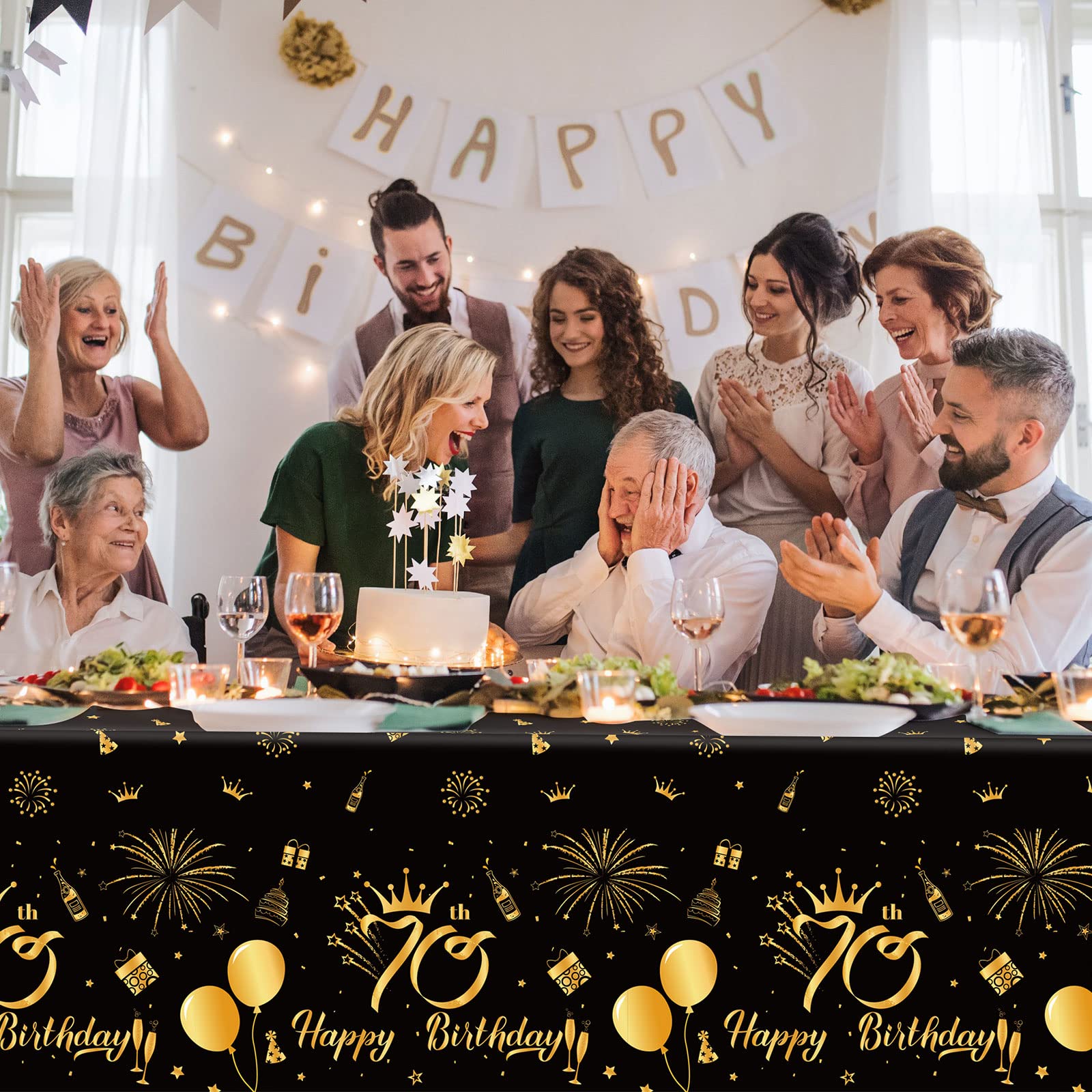 3 Pack 70Th Happy Birthday Tablecloth Disposable Plastic Birthday Table Cover Rectangular Black And Gold Table Cloths For Partie