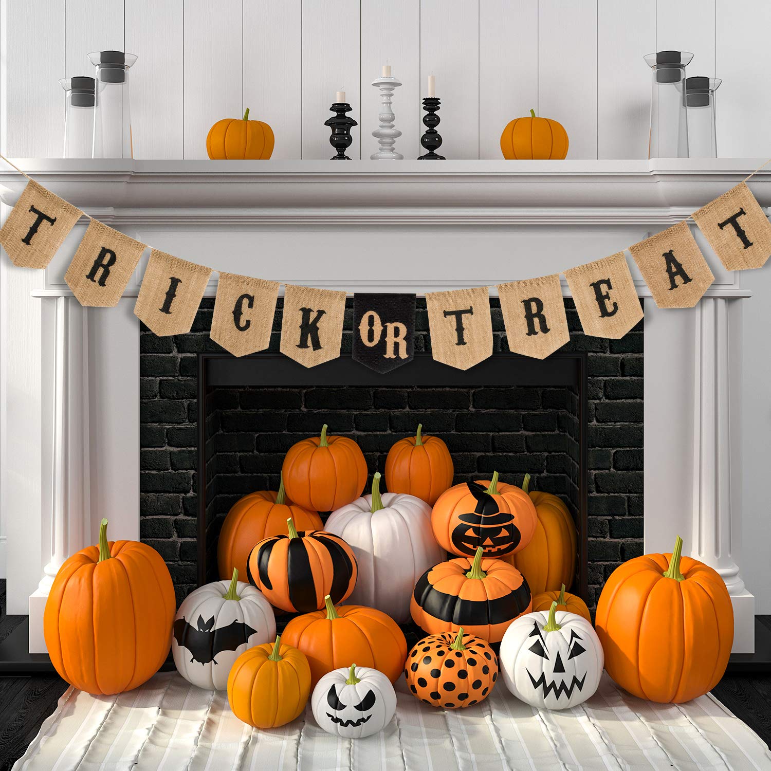 Whaline Halloween Trick Or Treat Burlap Banner, Hanging Halloween Banner Home Decor Bunting Flag Fireplace Garland Halloween Par