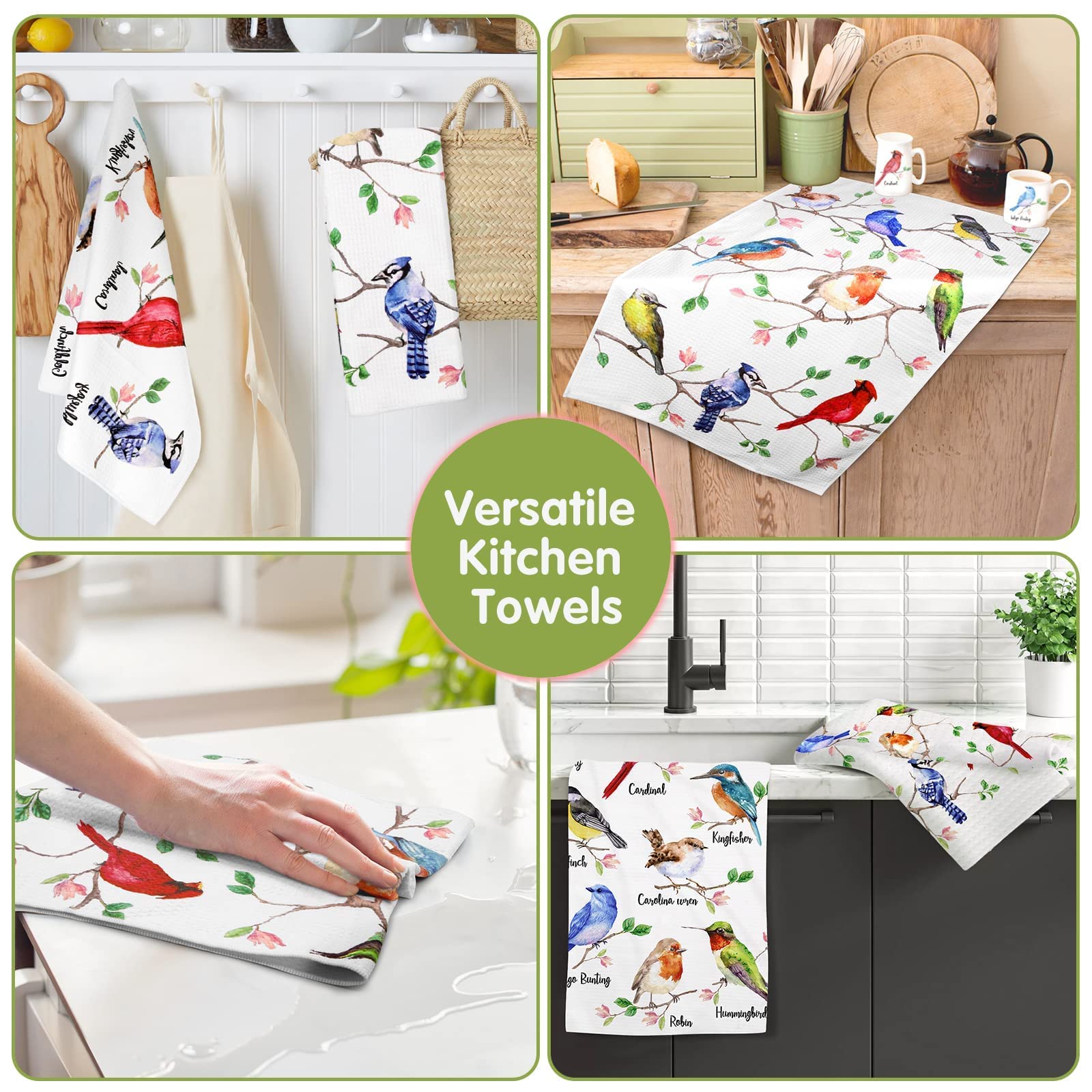 Vansolinne Birds Kitchen Towels Birds On Branch Dish Towels Set Of 4 Cardinal Hummingbird Bluejay Absorbent Hand Towels Tea Towe
