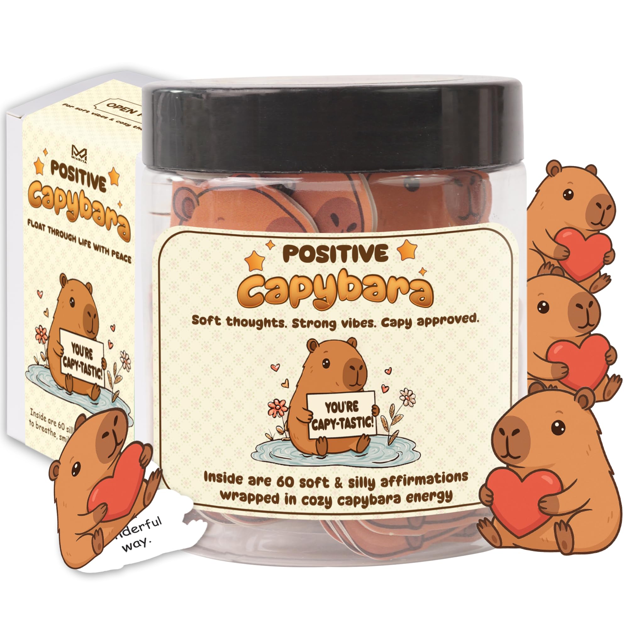 Miarita Positive Capybara Jar - 60 Positive Affirmation Cards For Women, Girls, Cards to Reduce Anxiety & Increase Relaxation, C