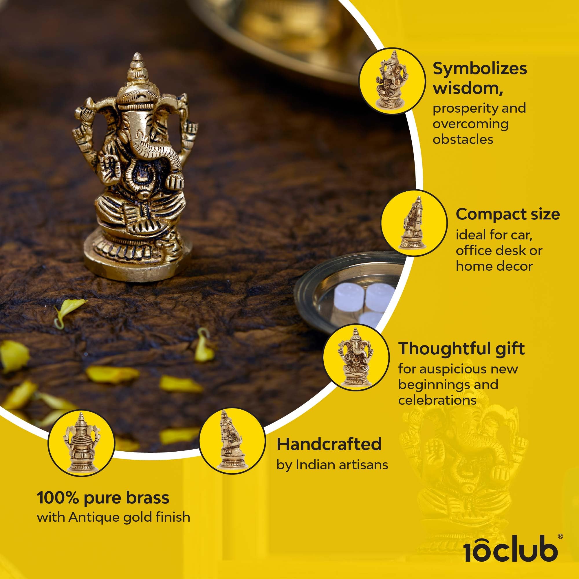 10Club 100% Pure Brass Lord Ganesha Idol for Home | 6.8 CM | Ganesh Murti | Yellow Antique Finish