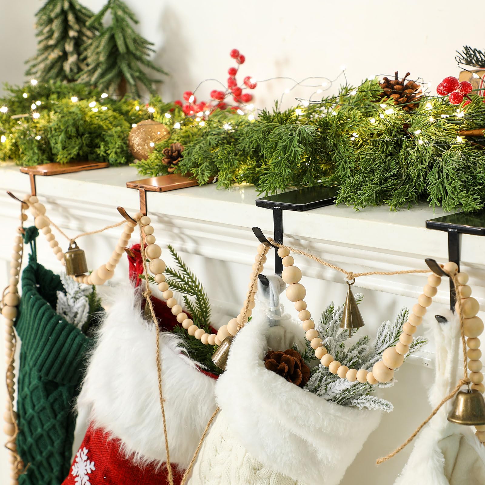 6 Pcs 2 in 1 Christmas Garland Hangers for Mantle Fireplace Stocking and Garland Hanger Two Hooks Durable Wrought Iron Metal Hol