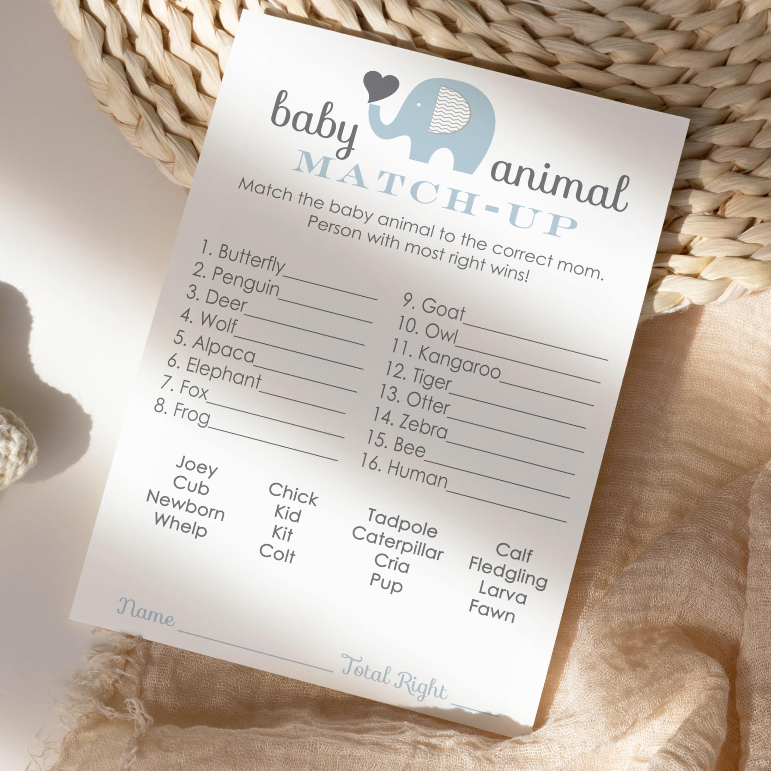 Blue Elephant Baby Shower Games For Boys - Animal Matching Guessing Activity - Fun Gender Reveal Game For Guests - Jungle Baby S