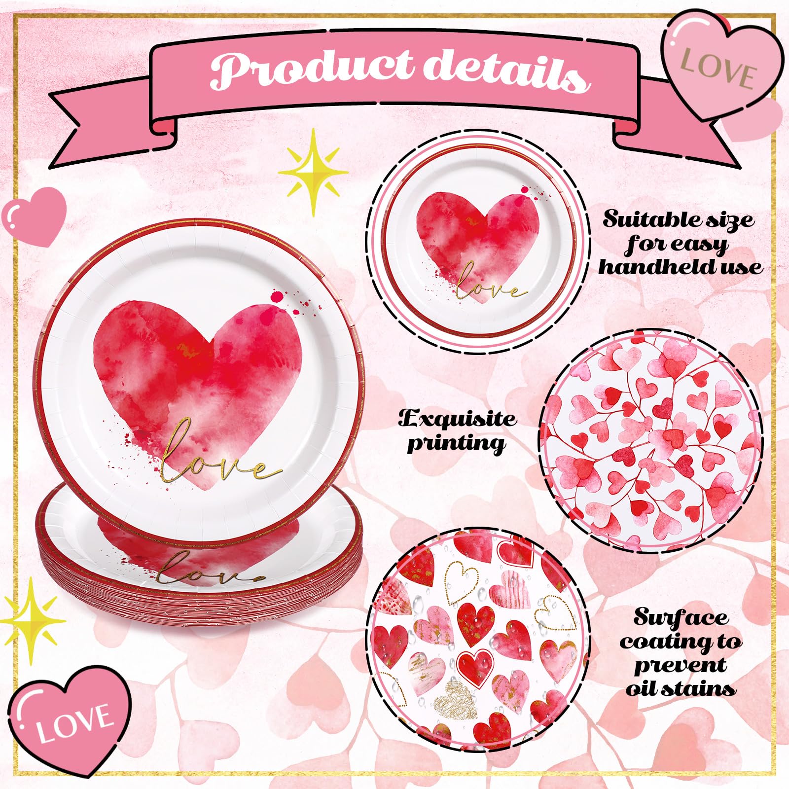 Moinchore 100 Pcs Valentine'S Day Paper Plates 9 Inches Valentine'S Day Disposable Plates Round Heart Dessert Plates Valentine'S