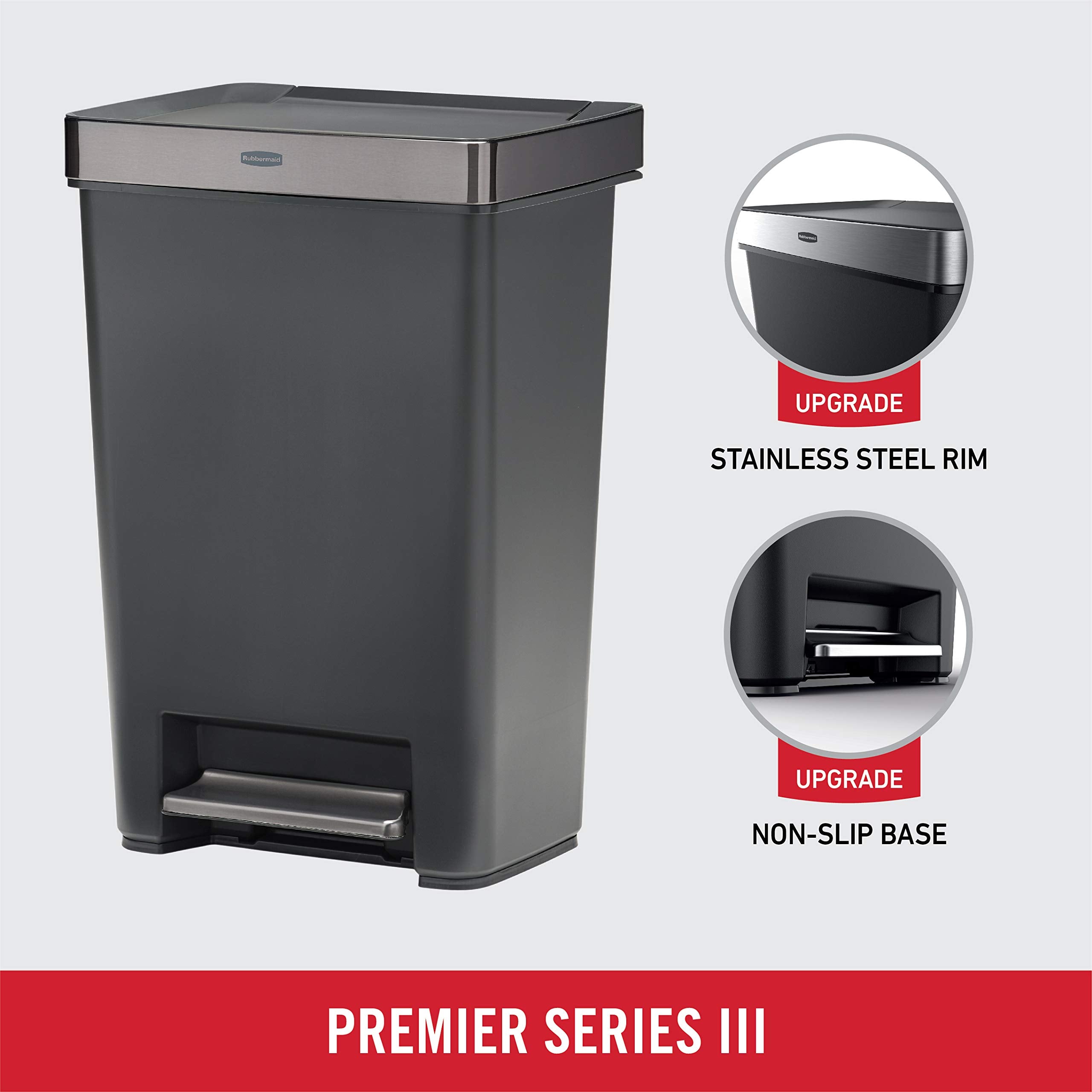 Rubbermaid Premier Series Iii Step-On Trash Can For Home And Kitchen, With Stainless Steel Rim, 12.4 Gallon, Charcoal