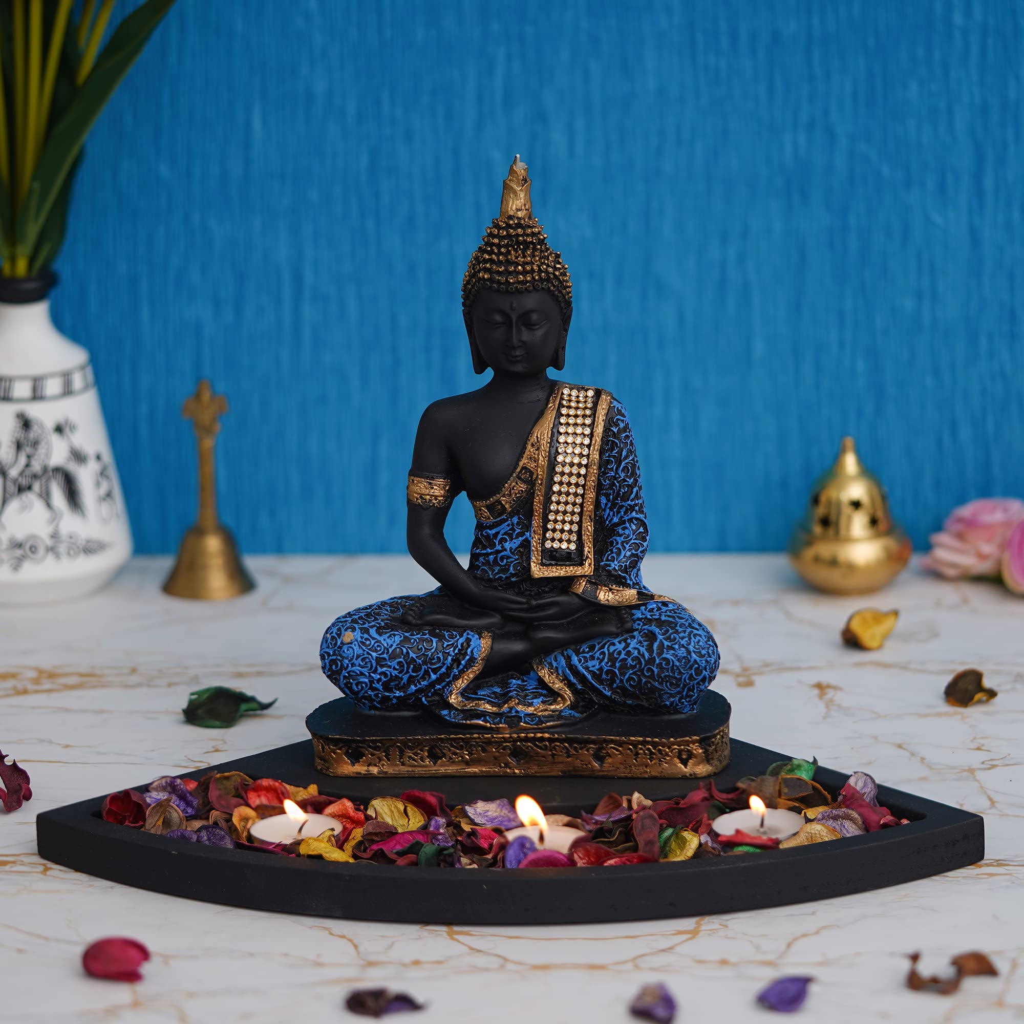Ecraftindia Blue Resin Meditating Lord Buddha Statue Tea Light Candle Holder| Buddha Idol Tea Light Holder Diwali Decoration Ite