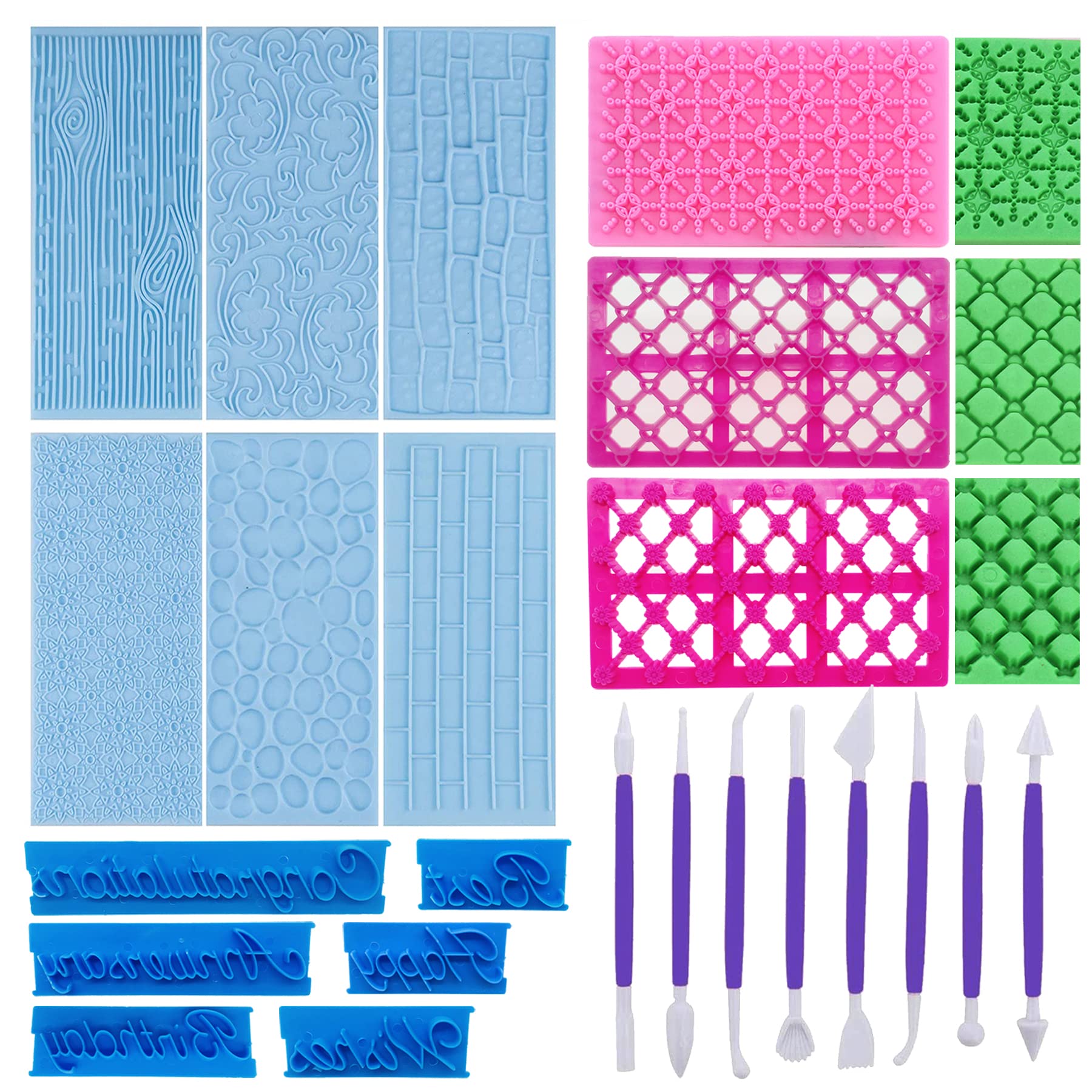 Woohome 23 Pcs Cake Fondant Embossing Mould Fondant Impression Mat, 14 Different Patterns Grid Lace Embossing Mat, Cake Fondant