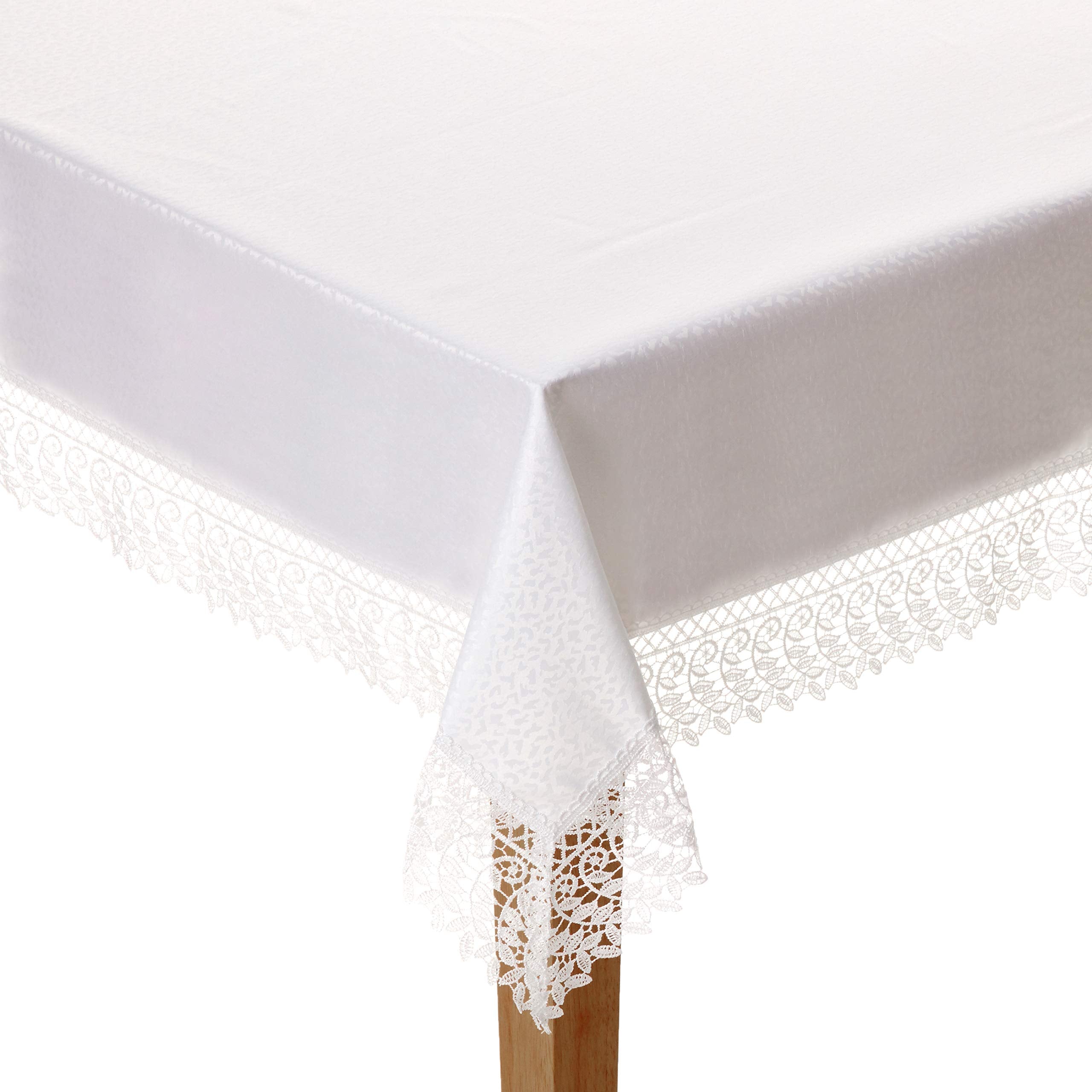 Violet Linen Legacy Cobblestone Design, Macrame Lace Border Tablecloth, 70 X 144, White