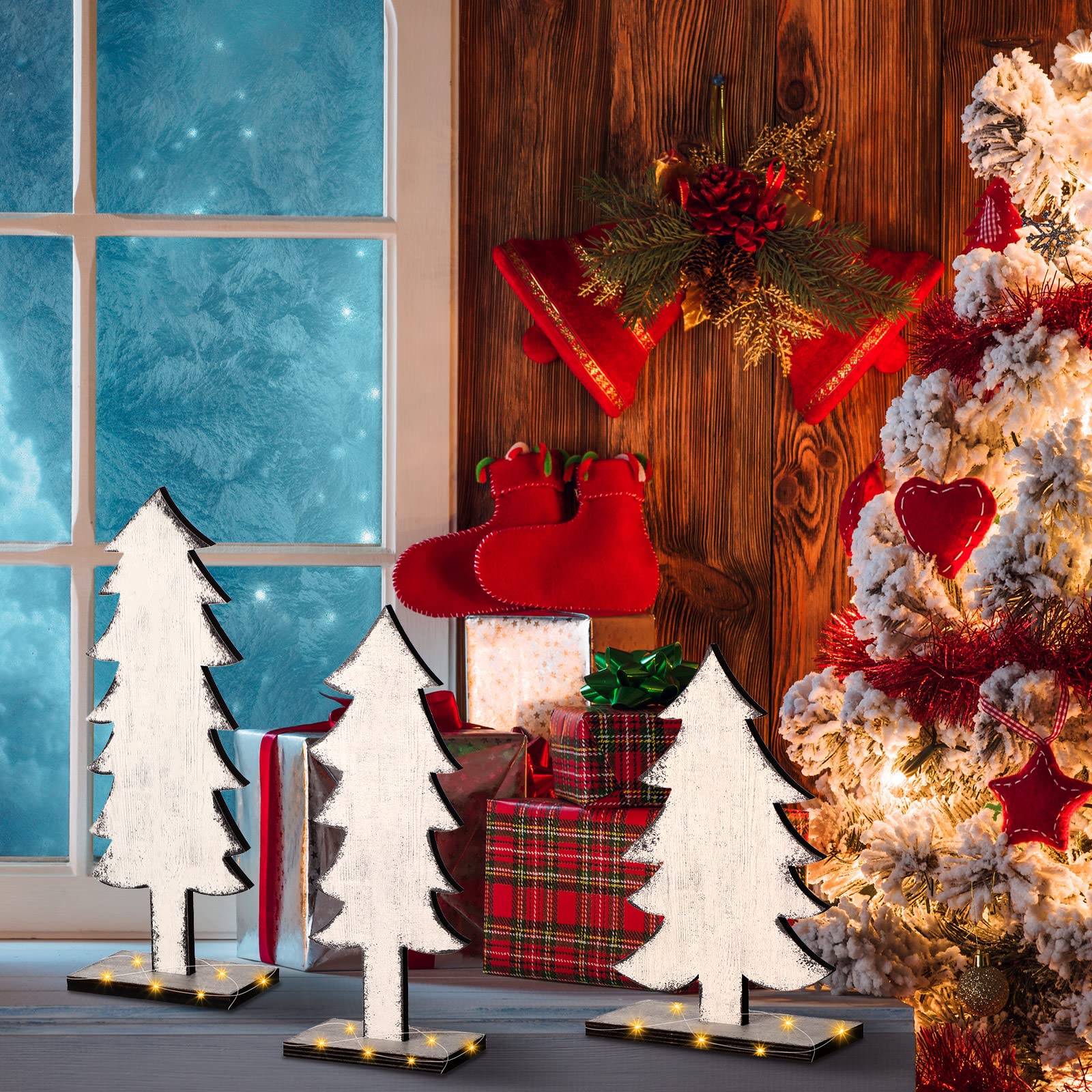 Meooeck 3 Pcs White Wood Christmas Trees Tabletop Rustic Christmas Decor Farmhouse Centerpieces Decorations for Tables with Rect