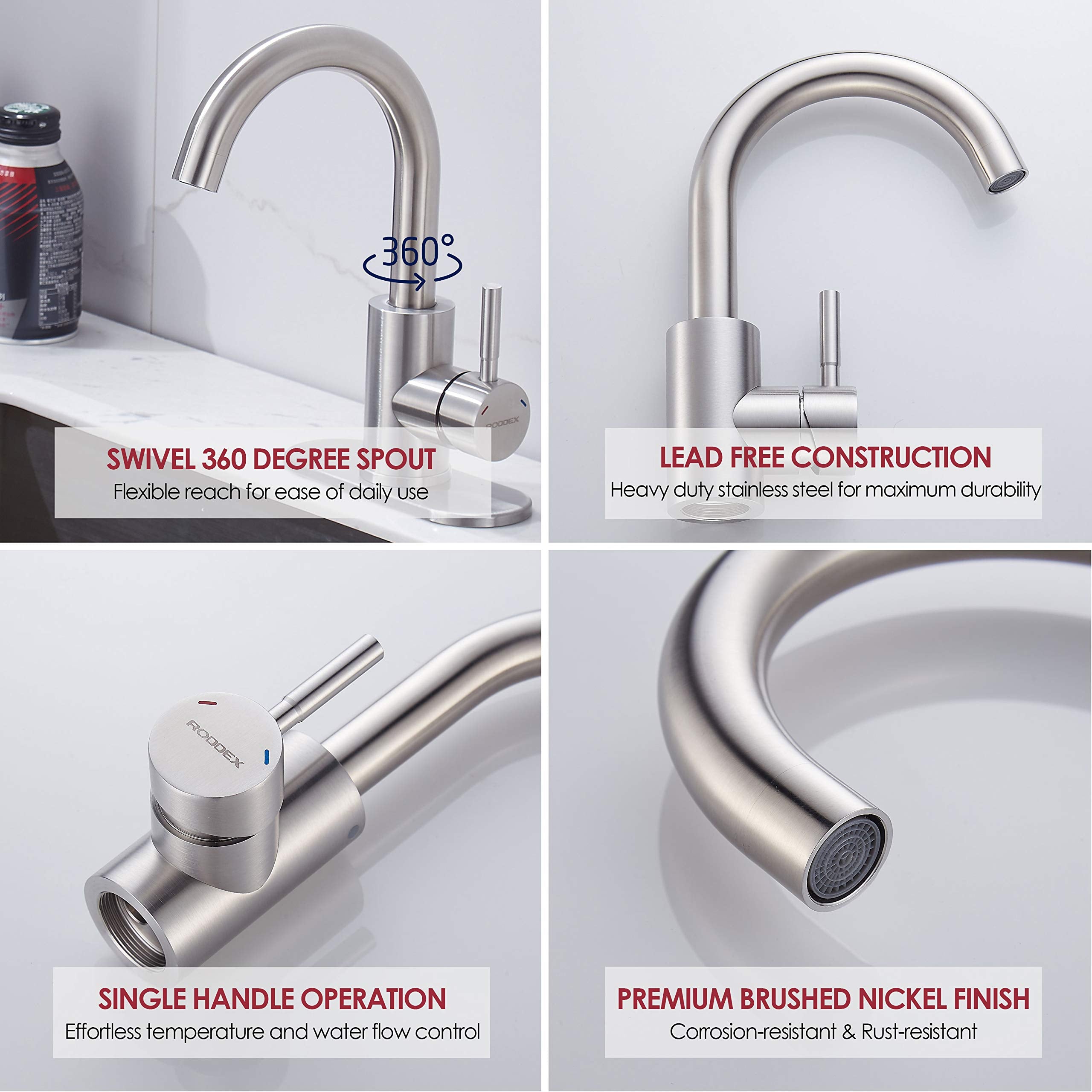 Roddex Wet Bar Sink Faucet, Stainless Steel 360 Swivel Bar Mixer With 3 Hole Cover Deck Plate, Small Modern Single Handle Tap Fo