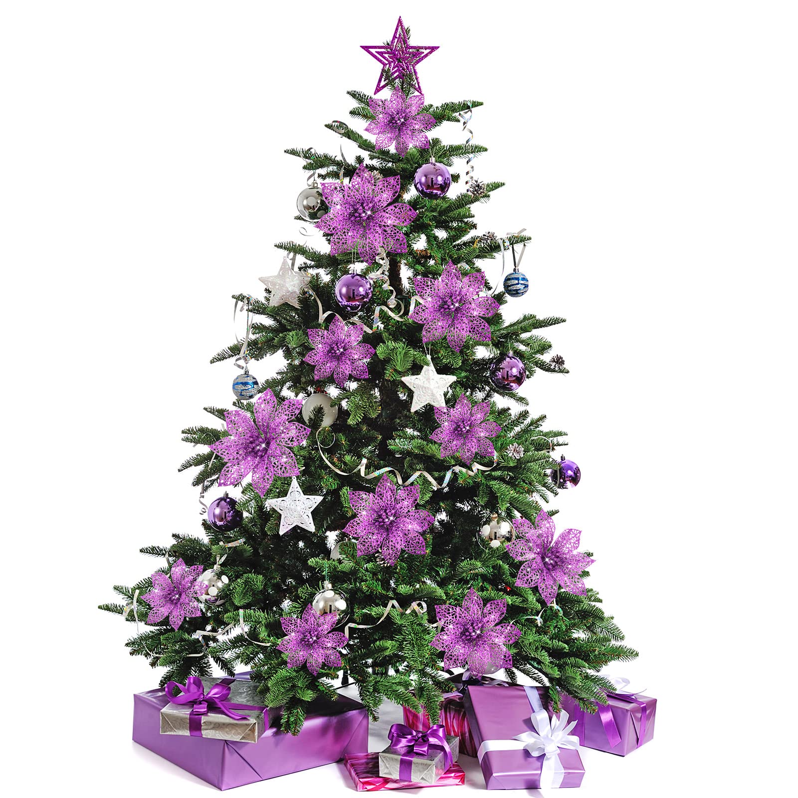 WILLBOND 36 Pieces Christmas Poinsettia Flowers Artificial Ornaments Glitter Christmas Decorations Tree Wedding New Year(Purple)