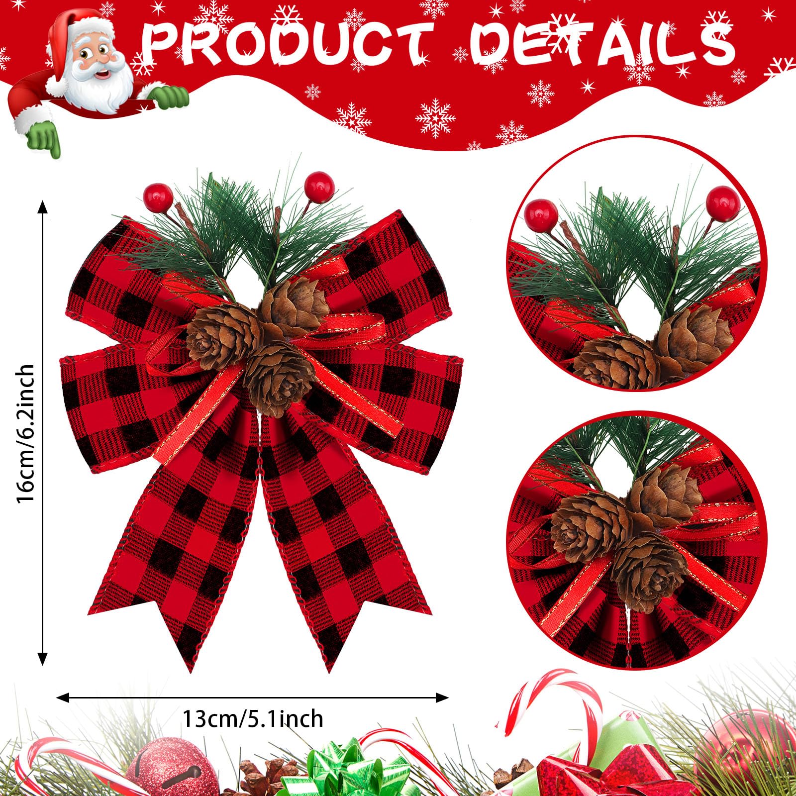 Syhood 6 Pcs Christmas Bows with Pine Cones Pine Needles Xmas Velvet Bows Black and Red Ribbon Christmas Tree Wreath Decoration