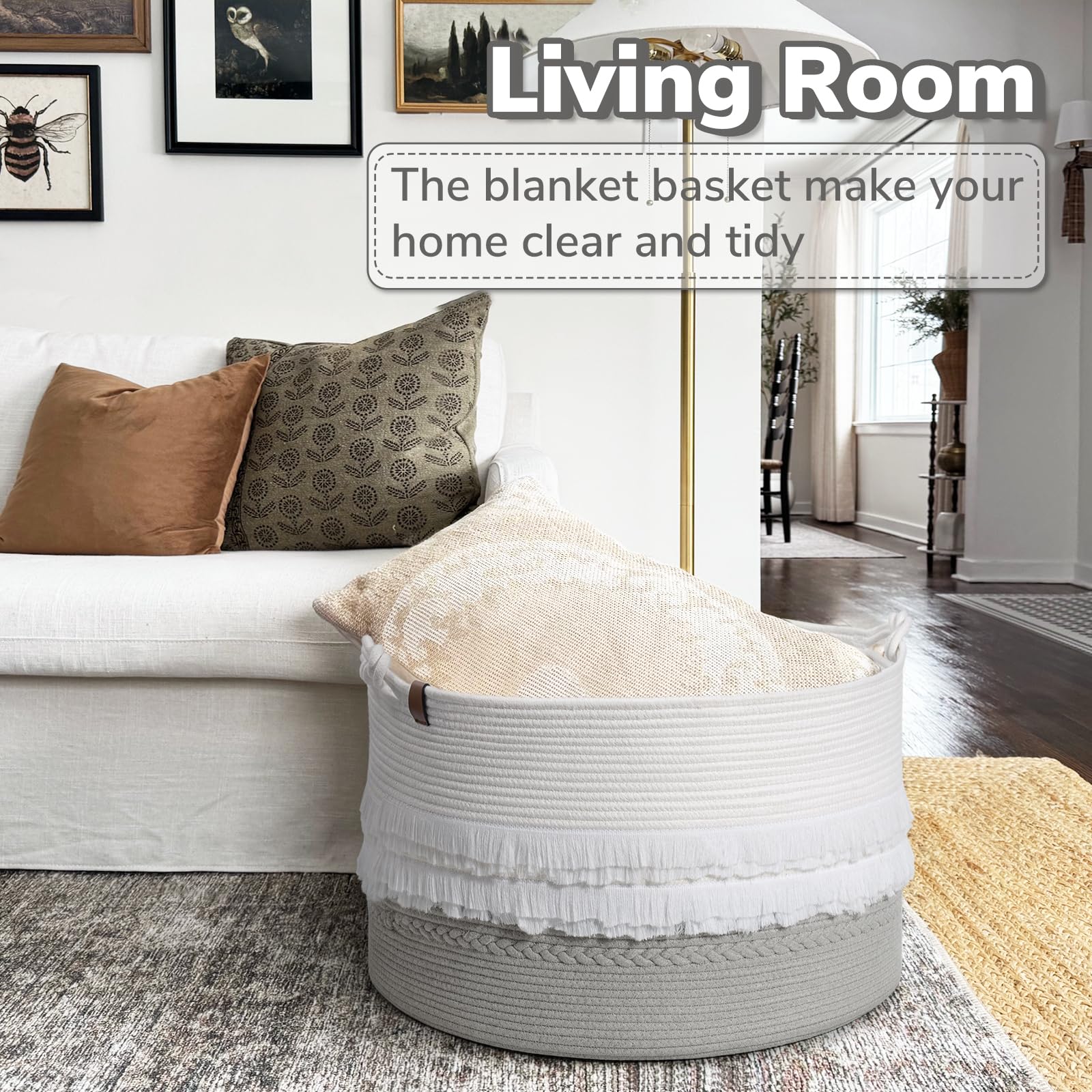 Cherrynow Extra Large Rope Basket For Toys, Grey Blanket Basket For Living Room, Entryway, Nursery Laundry Basket For Clothes, 2
