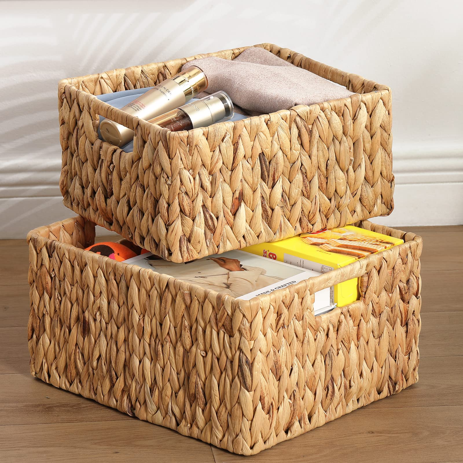 HOONEX Water Hyacinth Storage Baskets  Wicker Baskets for Organizing  Hand Woven Baskets with Carry Handles  Set of 2  Natural