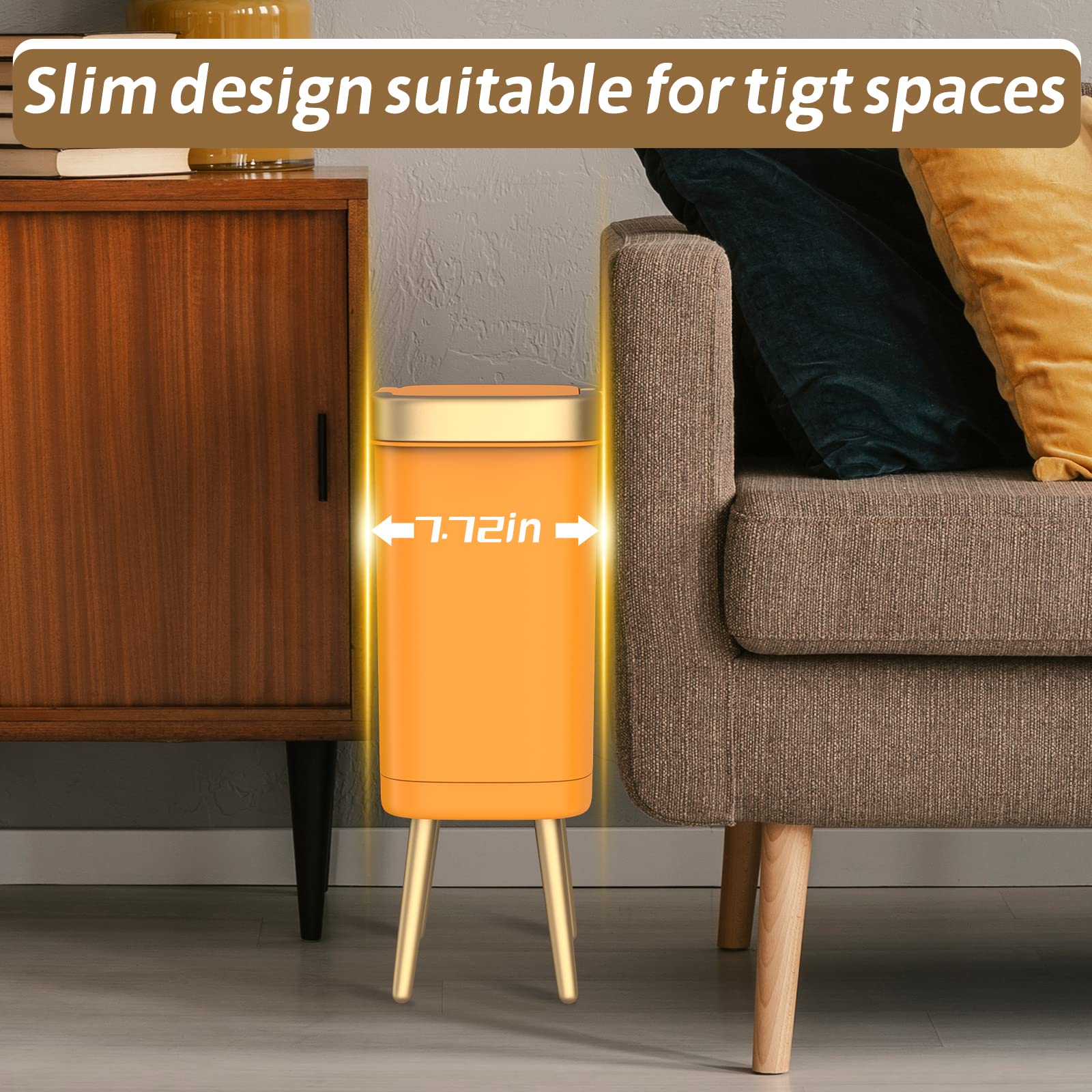 Bedroom Trash Can With Lid,Slim Bathroom Cans Lids, Dog Proof Press Top Lid,Modern Gold Plastic Waste Basket For Living Room, Of
