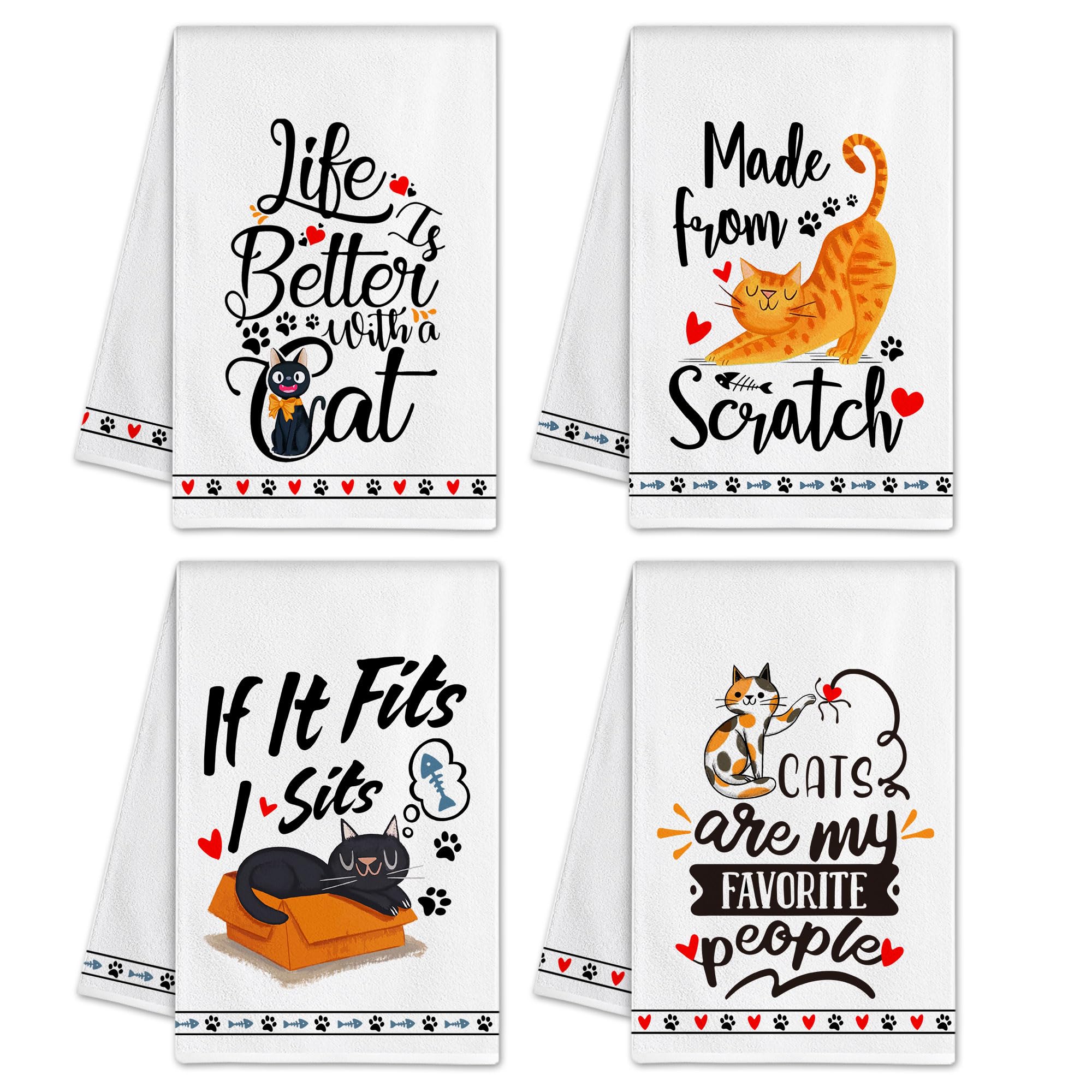 Hexagram Cat Lover Gifts For Women, Funny Cat Kitchen Towels Set Of 4, Cat Mom Gifts, Cat Hand Towels For Kitchen, Housewarming