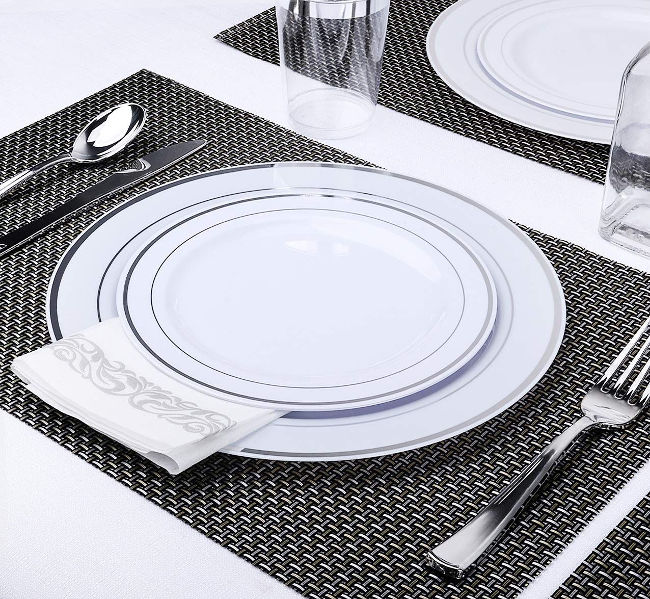 350 Piece MCIRCO Silver Dinnerware Set - 100 Silver Rim Plastic Plates - 50 Silver Plastic Silverware - 50 Silver Plastic Cups - 50 Linen Like Silver Paper Napkins  50 Guest Disposable Silver Dinner