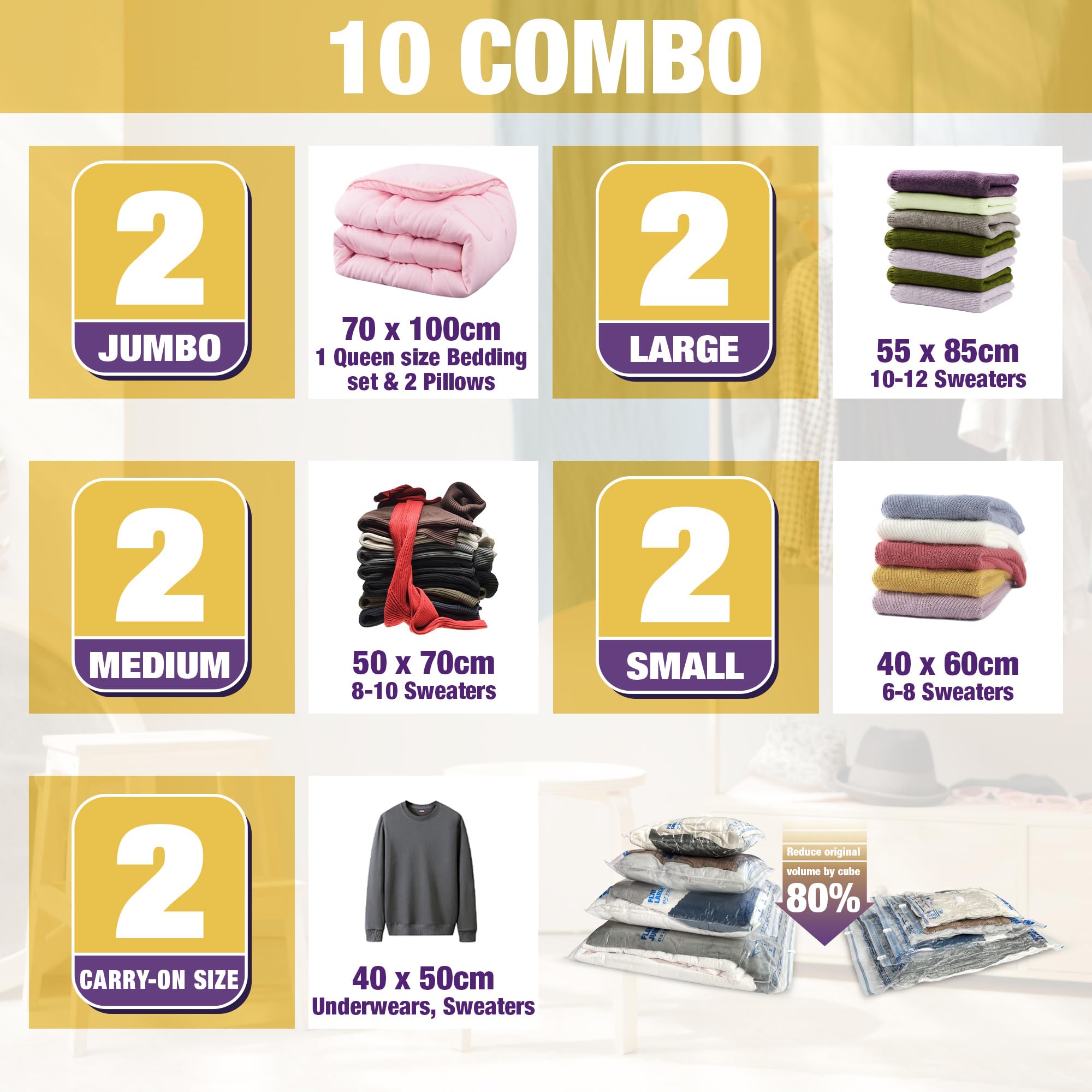 HIBAG Vacuum Storage Bags, 10-Pack Vacuum Seal Bags for Clothing Clothes, Space Saver Bags (2 Jumbo, 2 Large, 2 Medium, 2 Small,