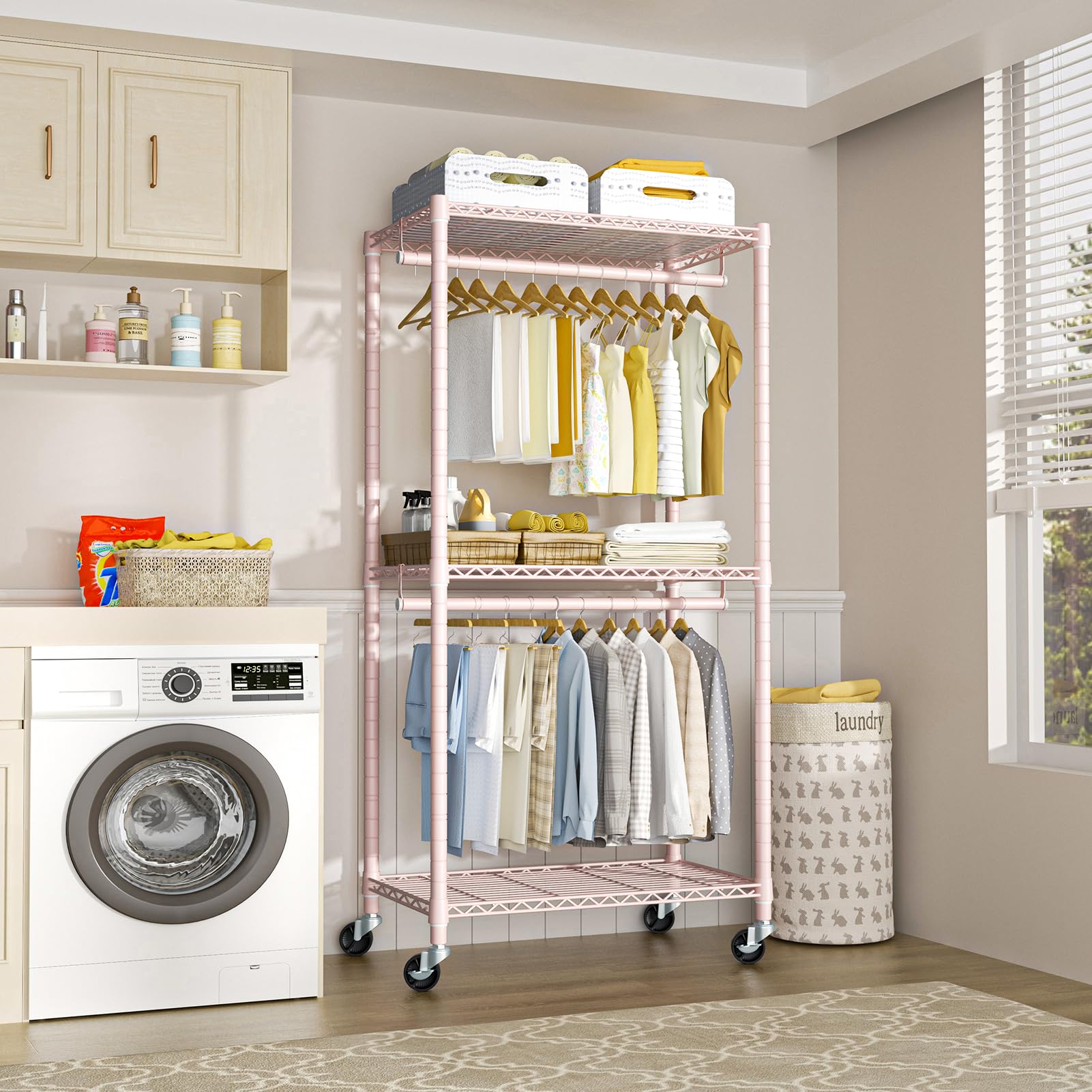 Futassi P1 Medium Heavy-Duty Portable Closet, 30'' W X 14'' D X 76'' H, Metal Rolling Clothing Rack, Pink