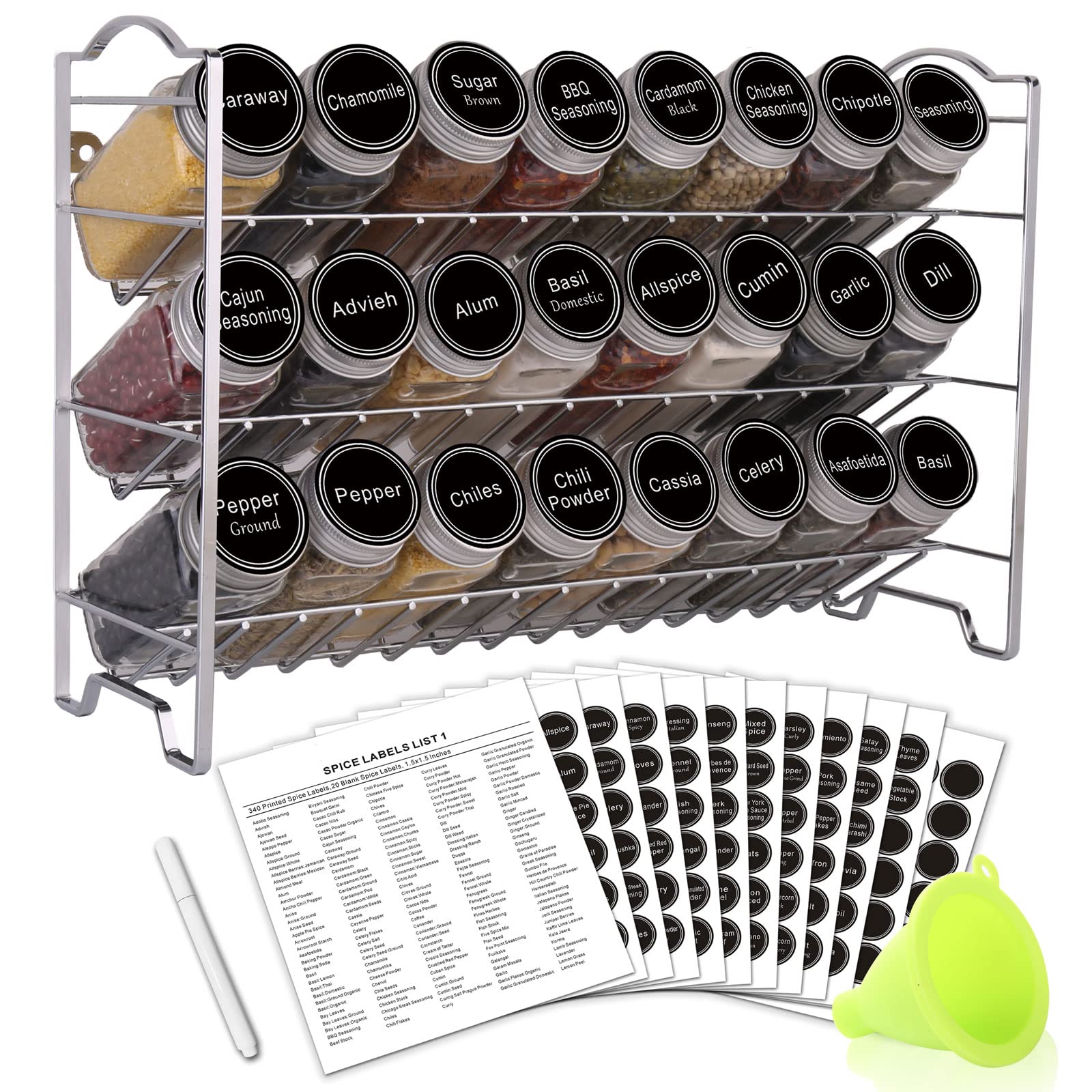 SWOMMOLY Spice Rack Organizer with 24 Empty Glass Spice Jars, 396 Spice Labels with Chalk Marker and Funnel Complete Set, for Co