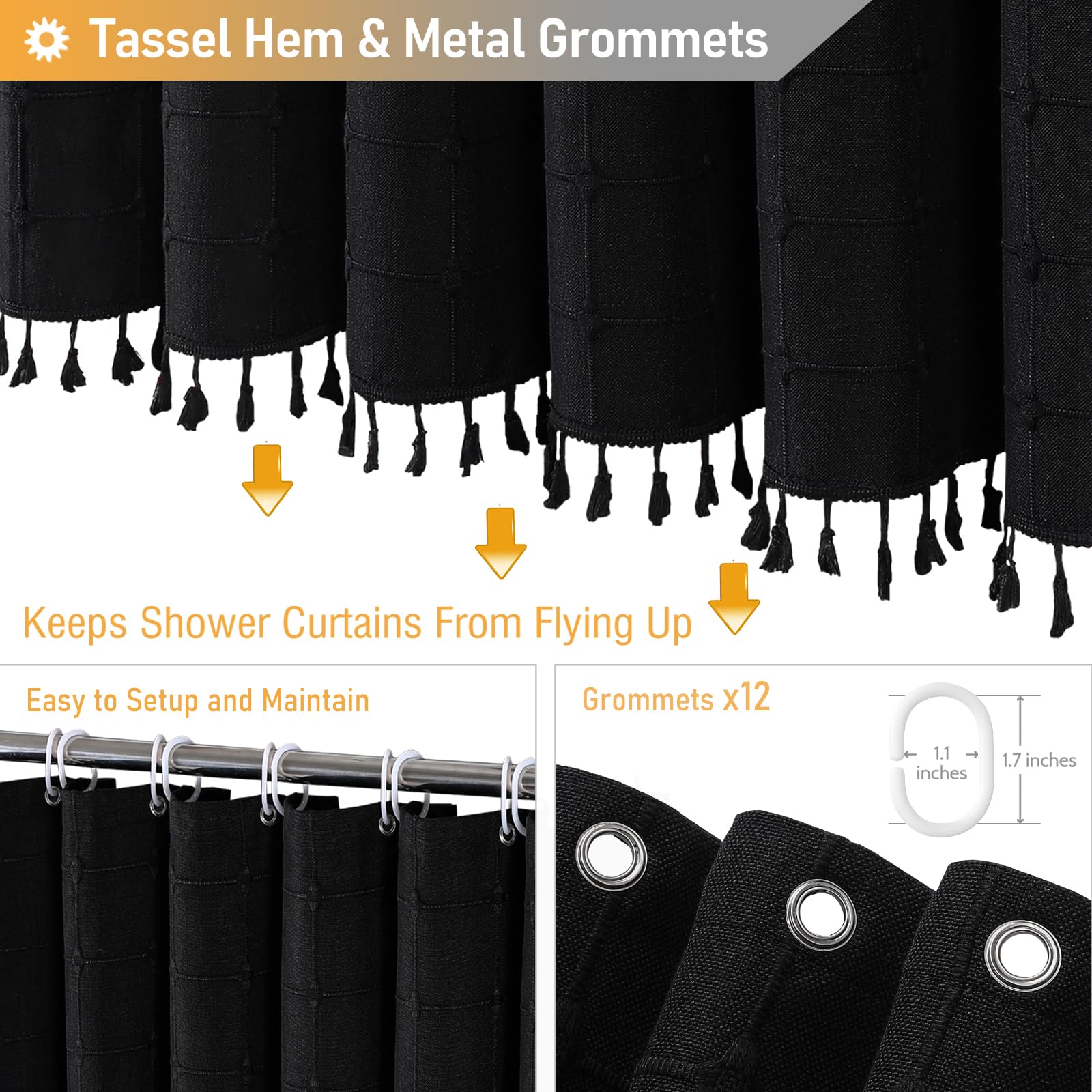 Bttn Black Boho Farmhouse Shower Curtain, Linen Rustic Heavy Duty Fabric Shower Curtain Set With Tassel, Water Repellent, Bohemi