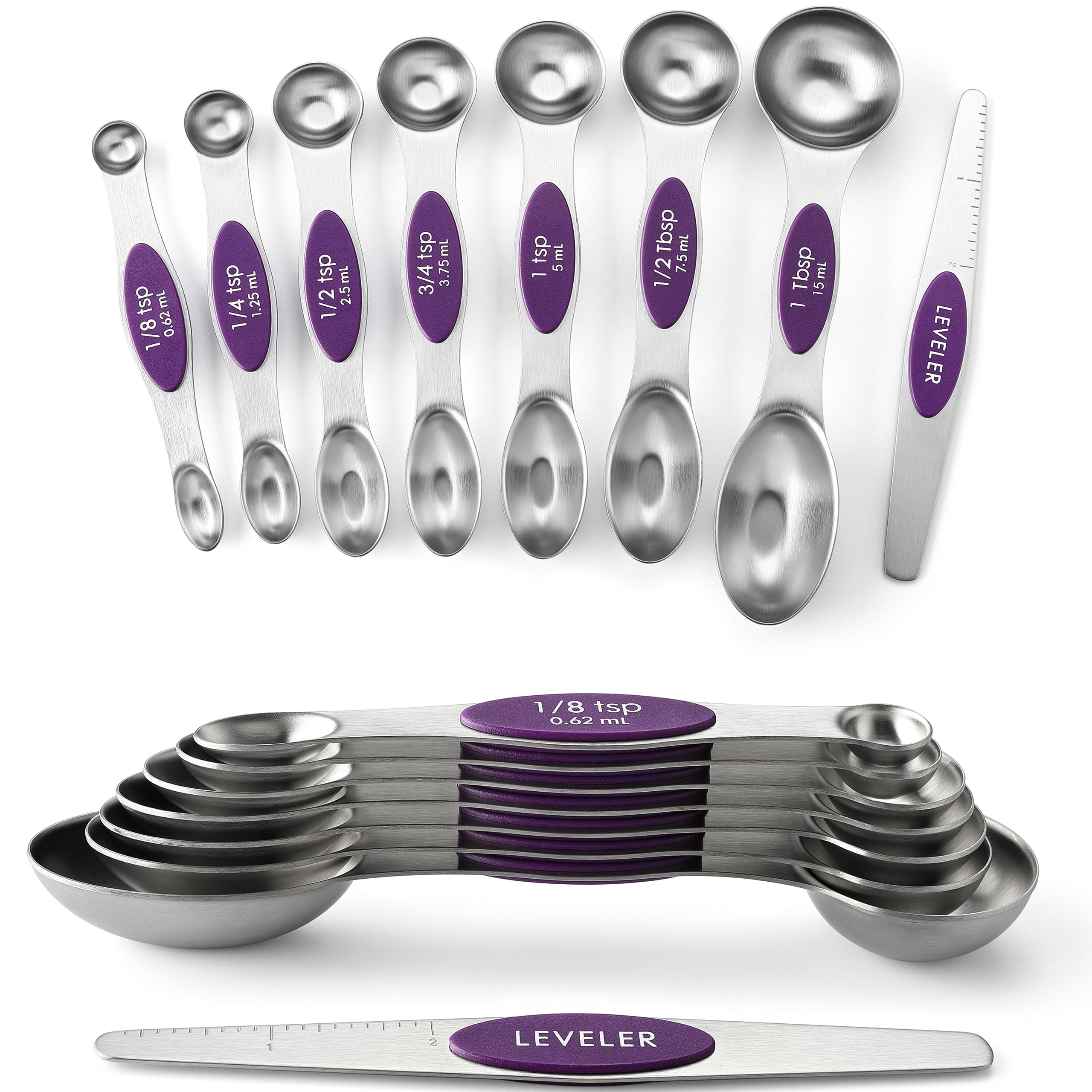 Spring Chef Magnetic Measuring Spoons Set, Dual Sided, Stainless Steel, Fits In Spice Jars, Purple, Set Of 8, 2 Pack