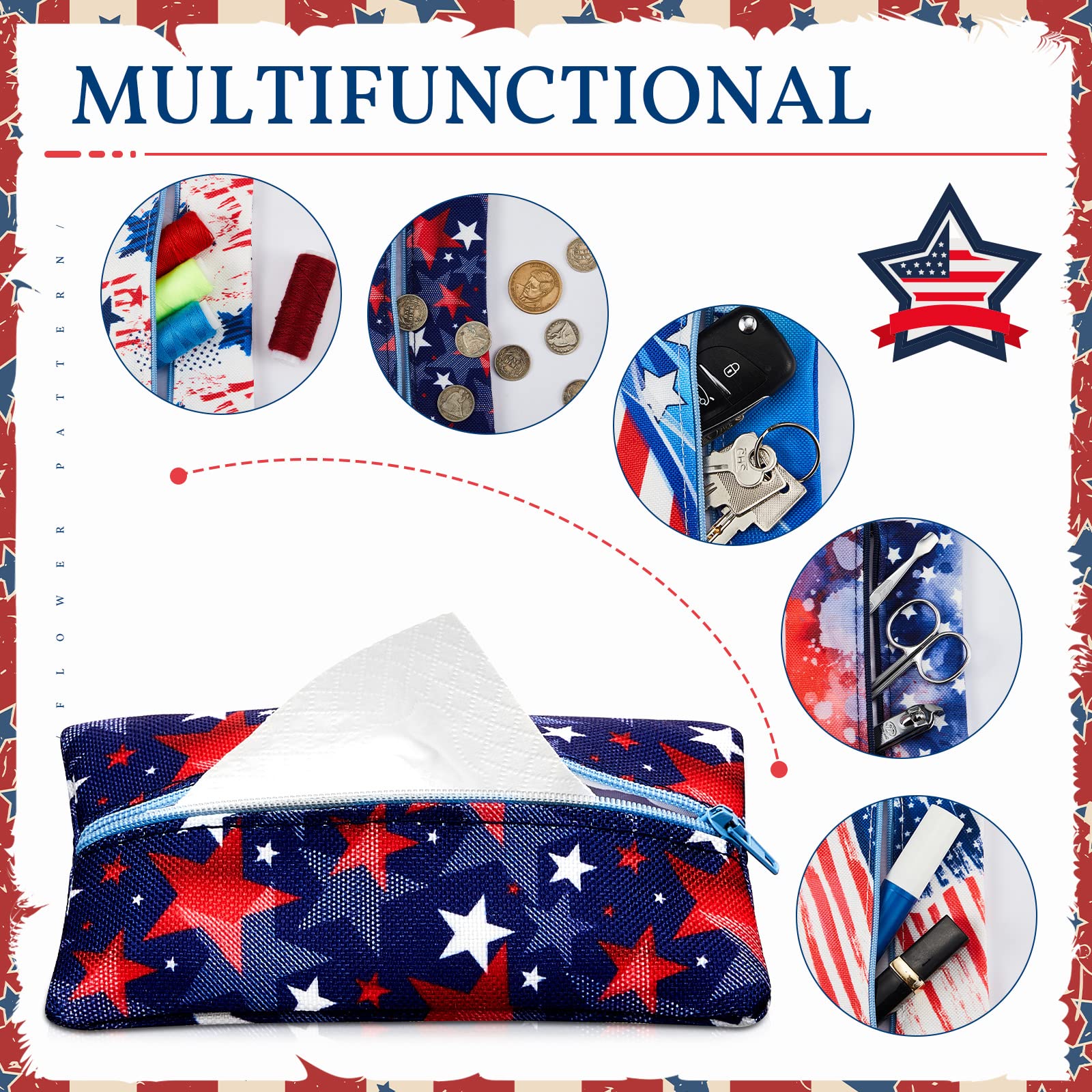 5 Pieces Tissues Purse Pocket Tissue Holder Reusable Travel Tissue Pouch Fabric Zipper Enclosed Small Size US Flag Pattern Tissue Holder for Purse Coins for 4th of July  5.25 x 3 Inches (Star Style)